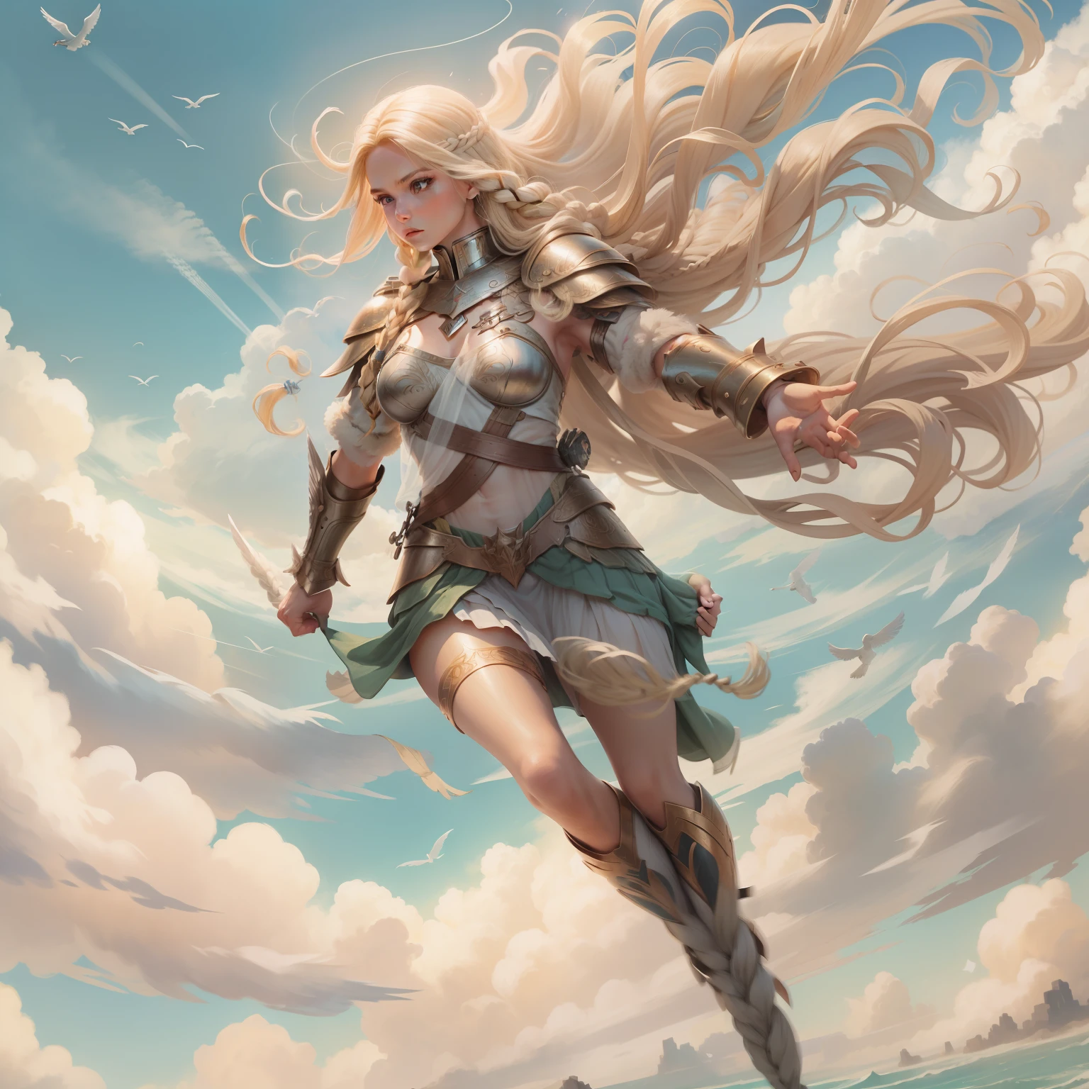 Valkyrie flying in the sky, blonde with long hair forming a single braid, asas gkiruisas, corpo inteiro, camera de baixo pra cima.