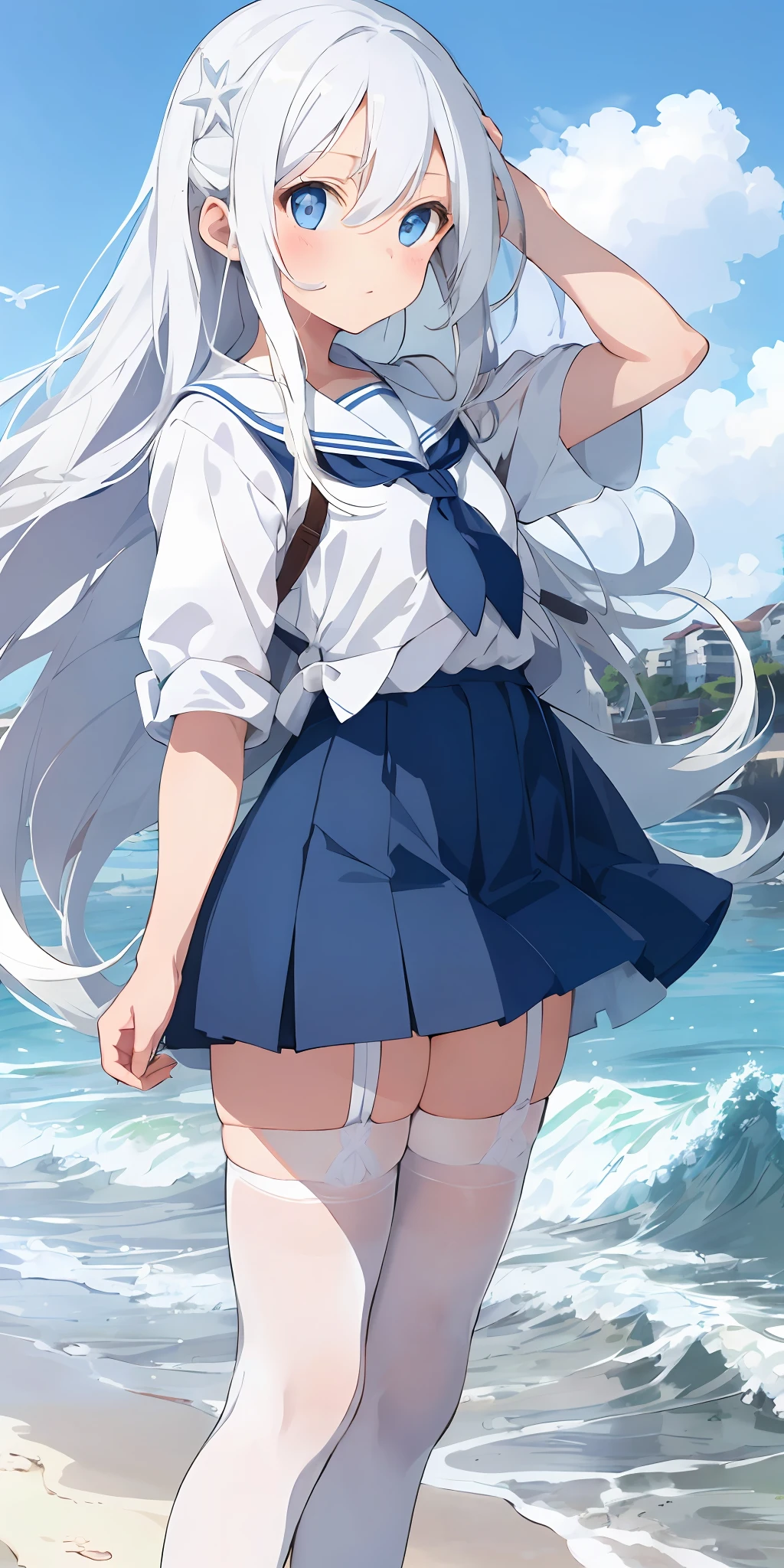 1girl, beautiful detailed eyes, long white hair, light blue eyes, school uniform, high white stocking, lustrous skin, seaside, beach, waves, high contrast, ((masterpiece, best quality))
