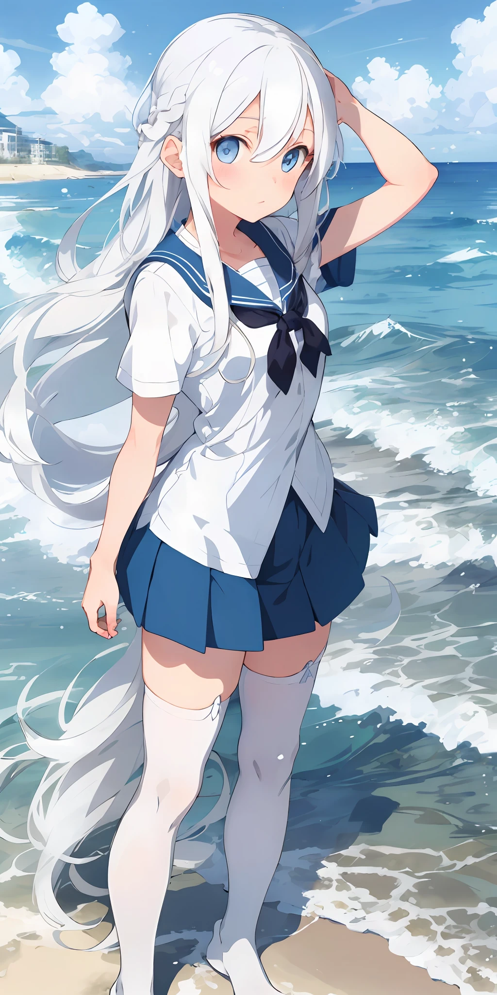 1girl, beautiful detailed eyes, long white hair, light blue eyes, school uniform, high white stocking, lustrous skin, seaside, beach, waves, high contrast, ((masterpiece, best quality))
