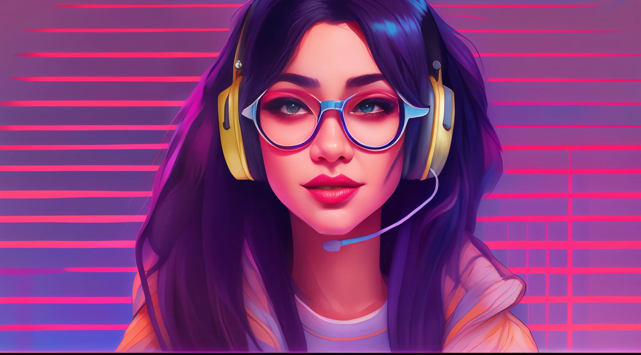 estilo wtrcolor, arte digital de (Retrowave Beautiful woman with straight black hair with glasses and headphone character design), arte oficial, frontal, sorridente, obra-prima, linda, ((aquarela)), pintura facial, respingos de tinta, detalhes intrincados. Olhos detalhados e altamente detalhados, [pingando: 0,5], trending on ArtStation, por Rachel Walker