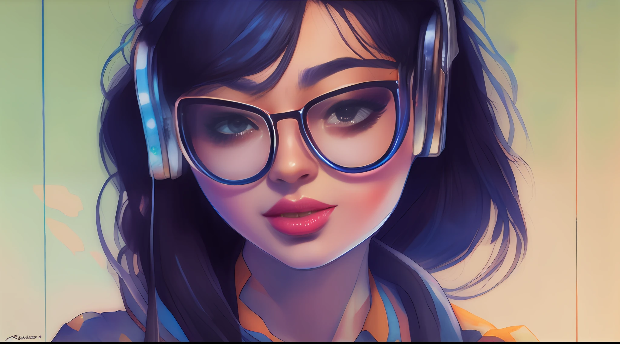 estilo wtrcolor, arte digital de (Retrowave Beautiful woman with straight black hair with glasses and headphone character design), arte oficial, frontal, sorridente, obra-prima, linda, ((aquarela)), pintura facial, respingos de tinta, detalhes intrincados. Olhos detalhados e altamente detalhados, [pingando: 0,5], trending on ArtStation, por Rachel Walker