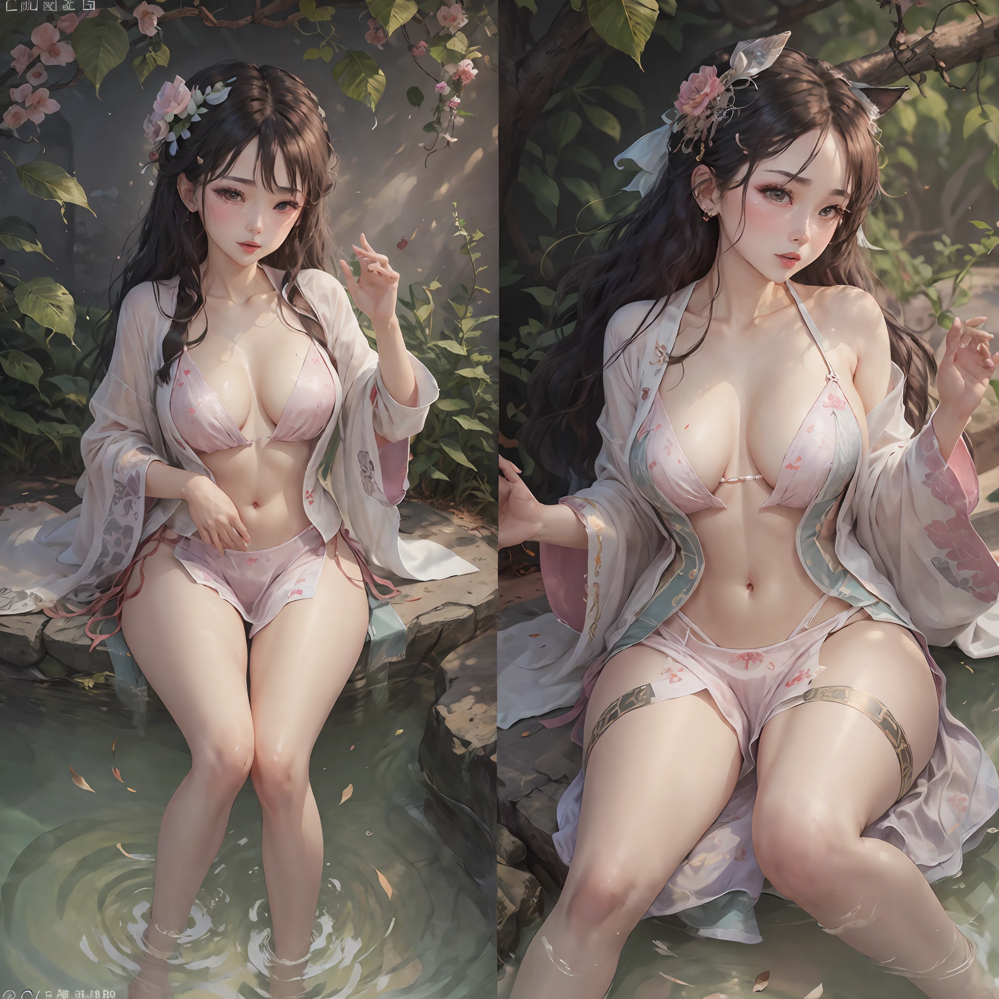 Best quality,Amazing,Masterpiece,Delicate,超高分辨率,Ultra detailed,intricately details,Beautiful detailed,8K resolution,(Extremely detailed Cg Unity 8K wallpaper),Sharp focus,((No text)),breast conscious,Huge bare breasts,Areola bareness,Bare breasts explode,Lively bare breasts,Bare breasts,Highly transparent complexion mini bikini,HD skin tone micro bikini and HD skin tone micro bikini,Tongue stock,Makeup,cheerfulness,Reflectors,ahegao,Pink eyes,Heart earrings,2girls,Female pervert,view the viewer,hair flower,Long hair,multicolored hair,Shiny hair,Barefoot,Bottomless,Thick thighs,Bare legs,Look at each other from the front、((Feminine kiss))、(((French kiss for women)))、Women hugging each other,As if pushing each other、Staring at each other、Moist eyes、half-open lips、Beautiful、Red blush(0.2)、Functional、seductiv、Trance、instigate、Beauty、bustup、Shunguang、、Shoot diagonally down from the front、precise drawing、Detailed drawing、Precise anatomy、
