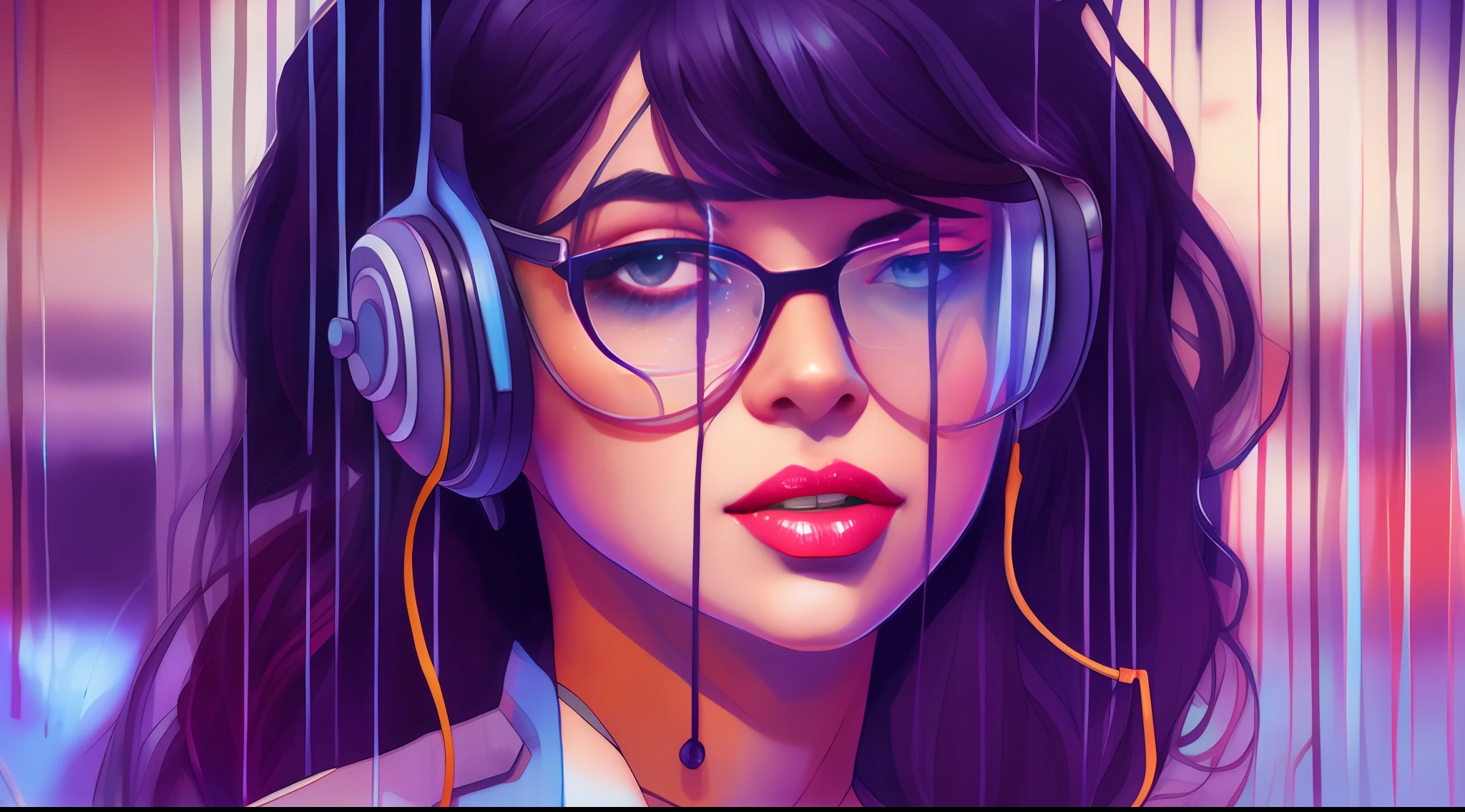 estilo wtrcolor, arte digital de (Retrowave Beautiful woman with straight black hair with glasses and headphone character design), arte oficial, frontal, sorridente, obra-prima, linda, ((aquarela)), pintura facial, respingos de tinta, detalhes intrincados. Olhos detalhados e altamente detalhados, [pingando: 0,5], trending on ArtStation, por Rachel Walker