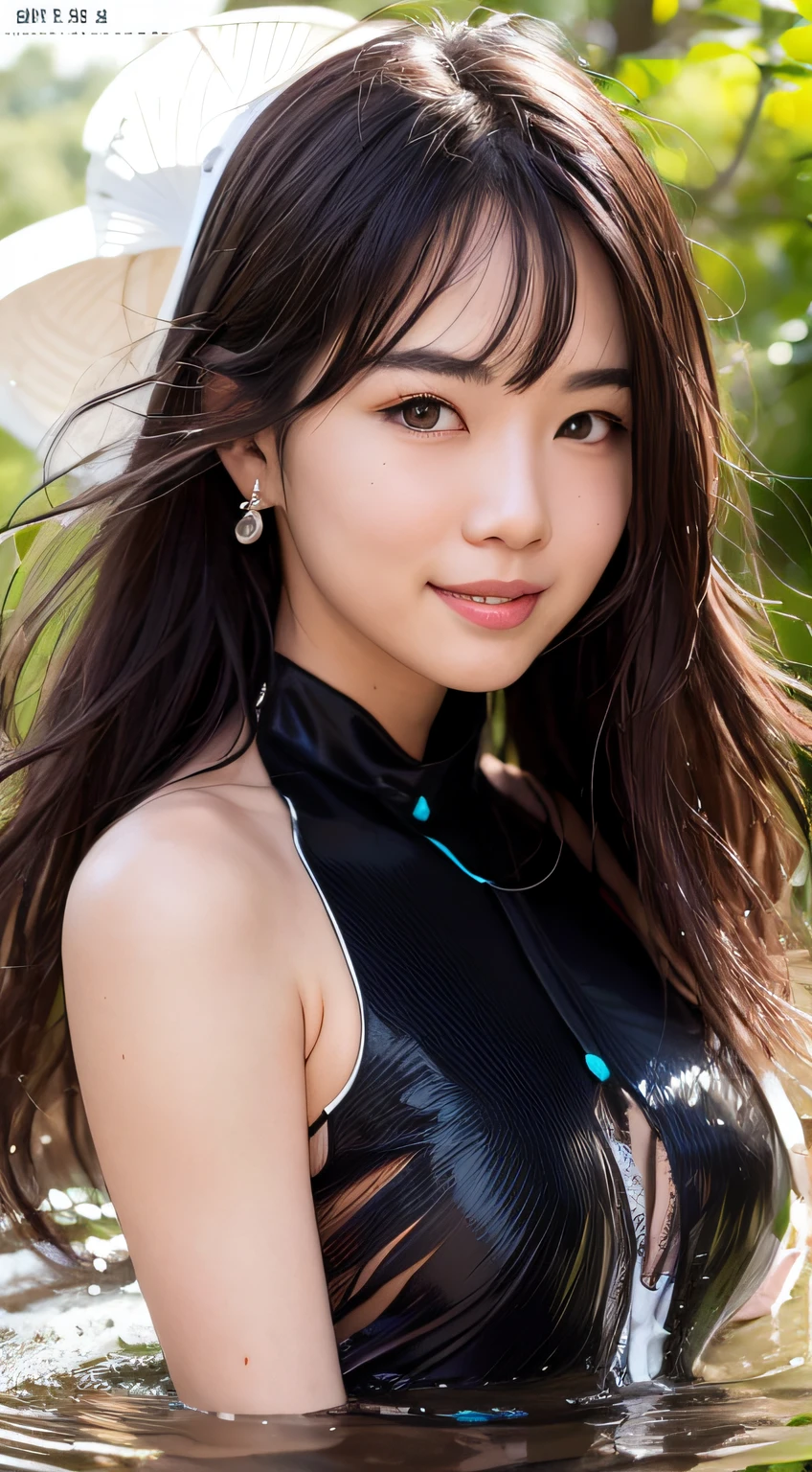 Smiled face、white swimwear、A dark-haired、the woods