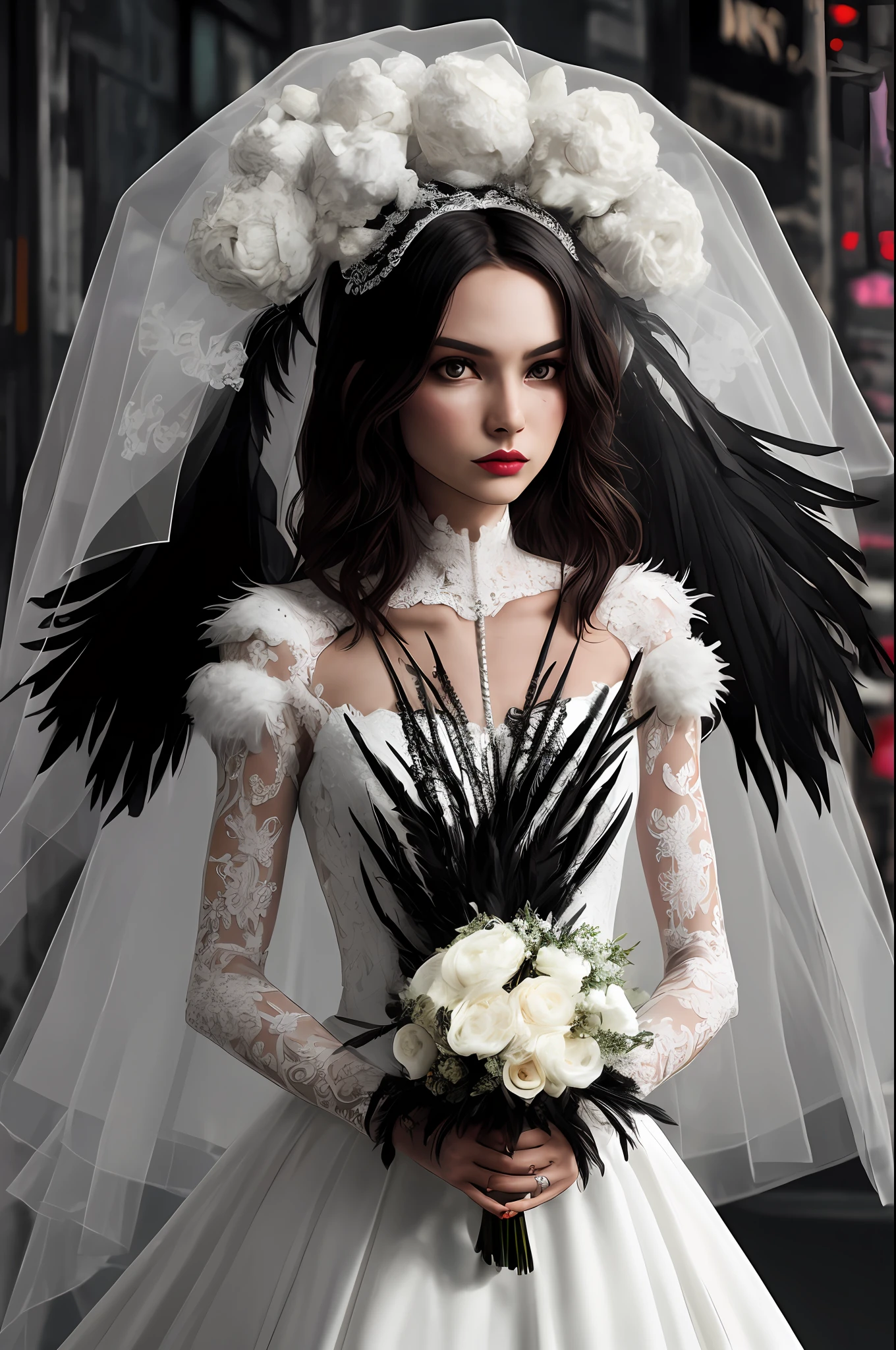 Girl-bride, fluffy dress made of black feathers, Lace bride in cyberpunk, Bouquet of bones in your hands, Lace made of bones, neonlight, Menacing gaze