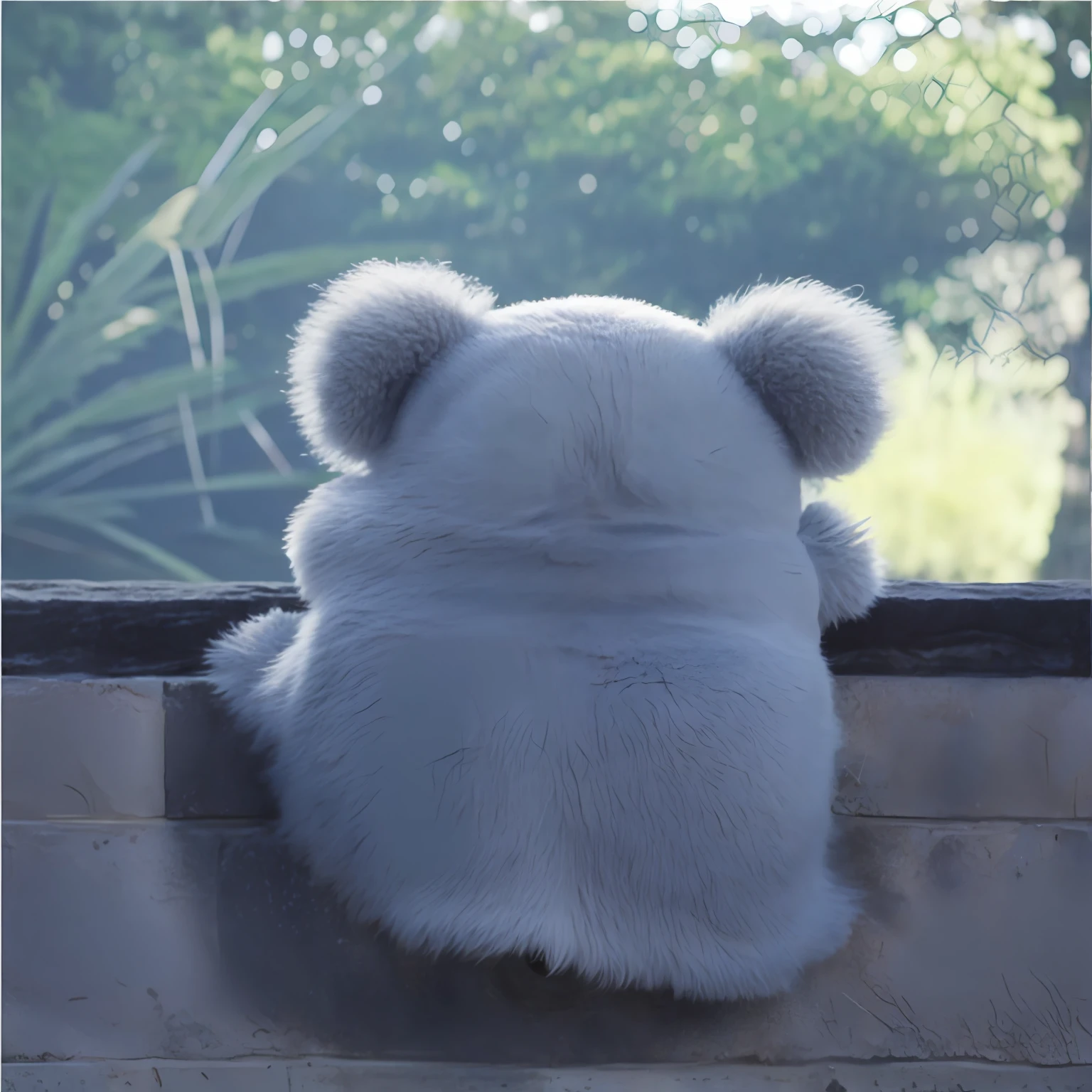 There was a stuffed bear sitting on the windowsill, Giant fluffy tardigrade, fluffy body, hyper realistic fur, fur simulation, soft but grumpy, very fuzzy, fluffy fluffy fur, koala, 🐋 as 🐘 as 🤖 as 👽 as 🐳, sitting on a window sill, fluffy full of light, thick fluffy tail, fuzzy ghost, very fluffy