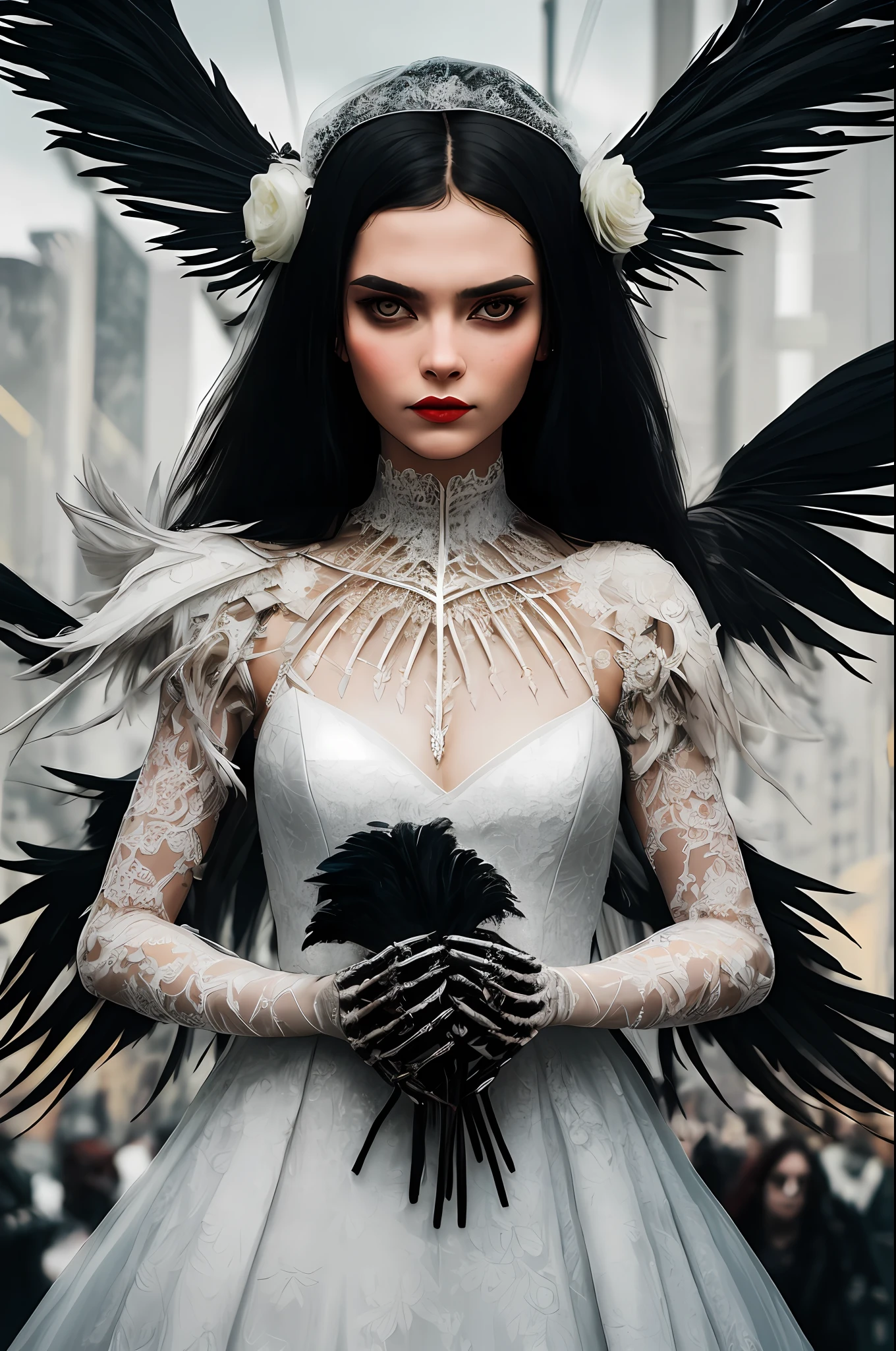 Girl-bride, fluffy dress made of black feathers, Lace bride in cyberpunk, Bouquet of bones in your hands, Lace made of bones, neonlight, Menacing gaze