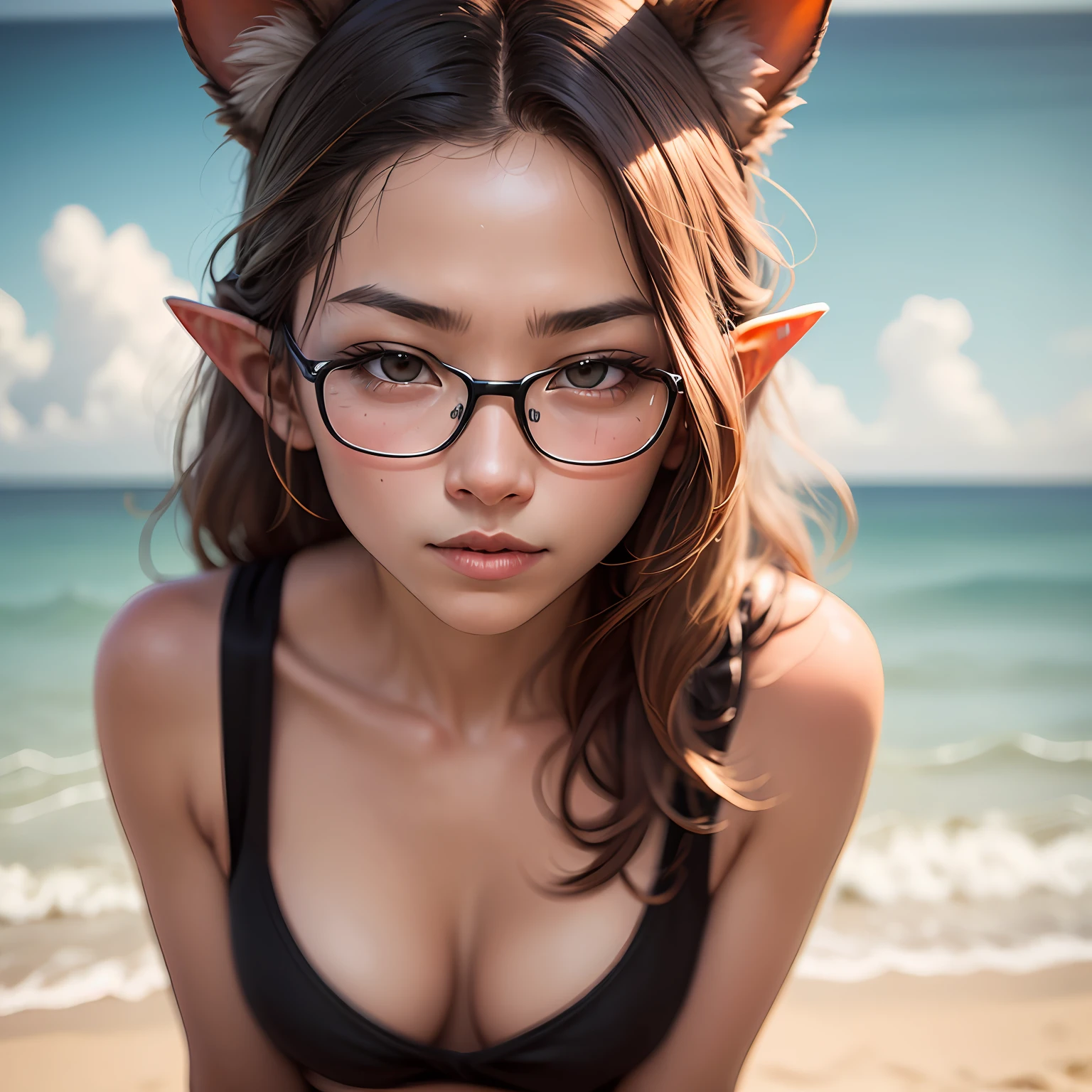 Man with elven ears，perfectface，chineseidol，wearing black rimmed glasses，Hyper-realistic，the best quality，primitive，ultra fine photos，Best resolution，sun beam，full-body portraits，Stand up，Wheat-colored skin，filmgrain，Canon R8 camera，Sharp focus，Visible Pore，Realistic details of skin。beachside，sandbeach，reef --auto