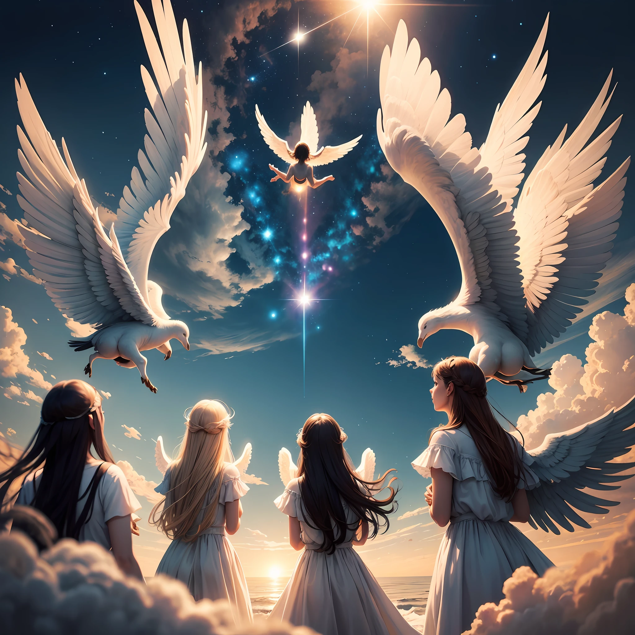 Painting of a group of angels flying in the sky, flying angels reaching the sky, arrebatamento celestial, Reino Divino dos Deuses, heavens, entre nuvens celestiais iluminadas pelo sol, Segunda vinda, glorious supernatural power --auto