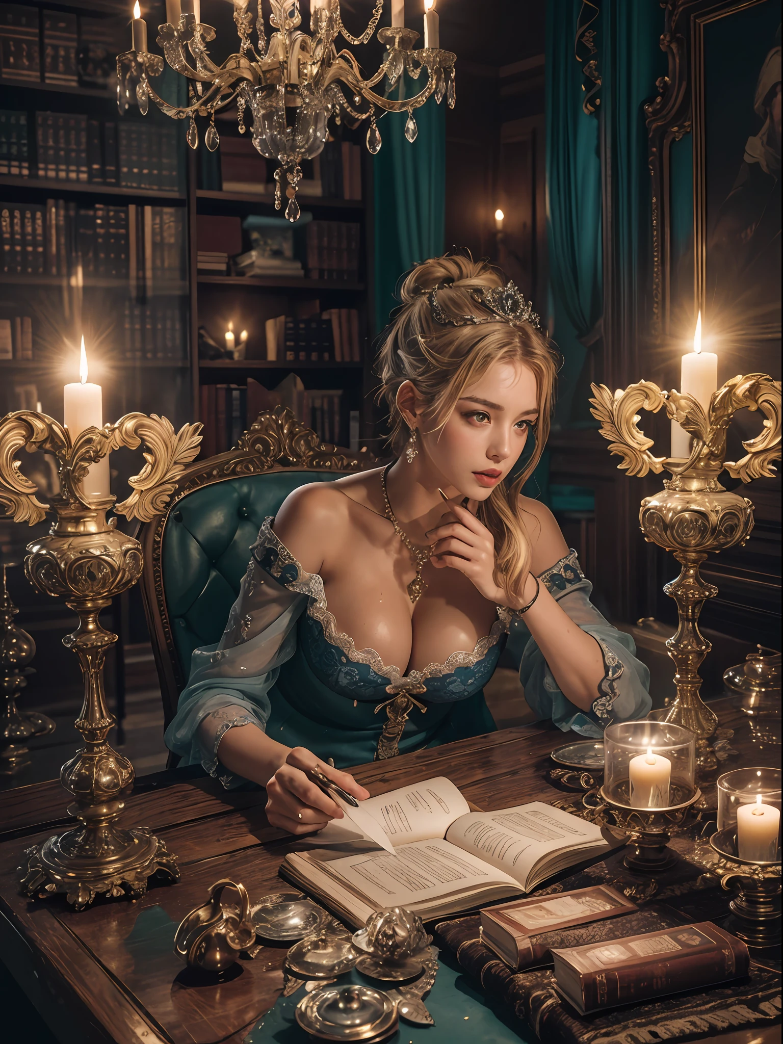 Inside the Baroque style library, 1 european 25 y. o. woman sitting at the table and reading a letter, in antique armchair, in front of her glass of wine, candlelight with candles in background, soft blurry front light, jewels, pendant made of glass, perfect face, rule of thirds, stunning green eyes, short ponytail hair, highly detailed blonde hair, proportionate physique, elegant antique environment, in the background columns and statues made of glass, in18th century Baroque style darkened room, antique furnitures, beautiful princess,perfect face, beautiful face, perfect female body, mature female,crown,blue lace bra,blue lace thong,blue lace gloves,stockings,necklace,earrings,jewels,jewelry,head ornaments,hands ornaments,legs ornaments,high heels,huge breasts,large breasts,big boob,Burst breasts,Big breasts,Plump breasts,Expose breasts,bare breasts,Narrow waist,Bare ass,big ass,bare belly,bare navel,wet,wet body,sweating body,shiny skin,pubic hair,draperies, bokeh, glow, reflections, soft light rays, neutral colors, insanely intricate details, amazing fine detail, photorealistic, hyperrealistic, lifelike texture, dynamic composition, contrast lighting, cinematic lighting, filmstill, sharp focus, wide angle, ((great depth of field)), raw photo, photon metering, dslr, 8k, ultra high res, hyper detailed, Award - winning photograph, Masterpiece, photography with Hasselblad, f5.6 lens 500mm, Kodak Portra 400 4x5,