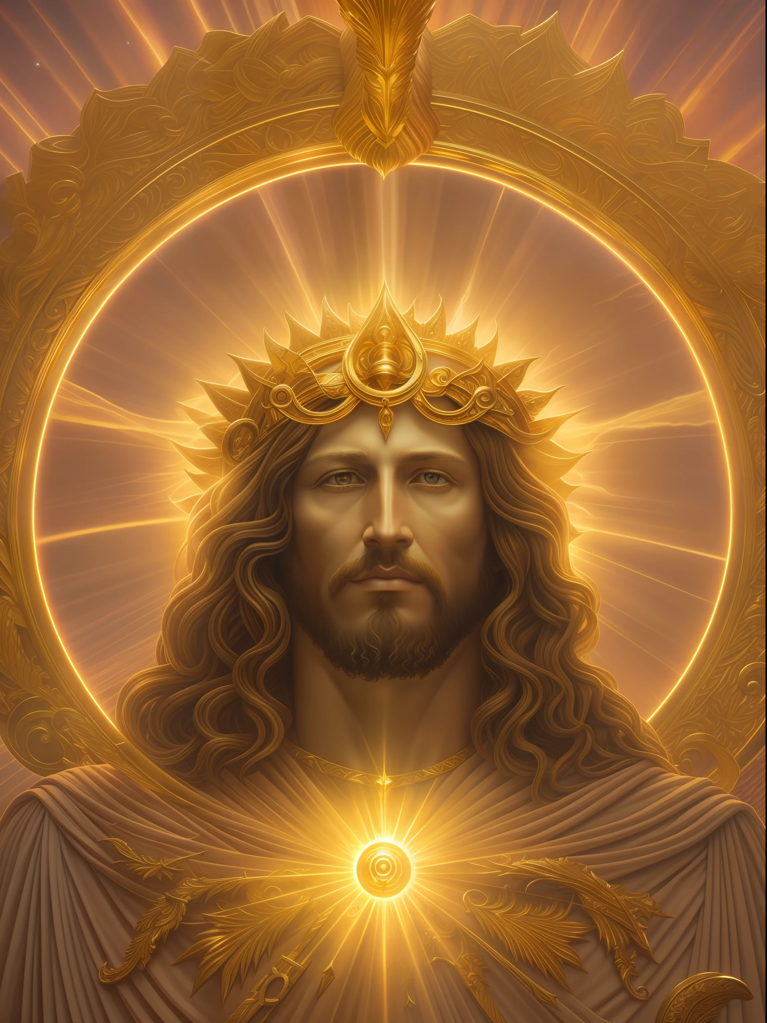highly detailed portrait of a jesus christ sun god halo of light, gold, unreal engine, art by mark ryden, lostfish, earl norem, global illumination, god rays, detailed and intricate environment, elden ring style