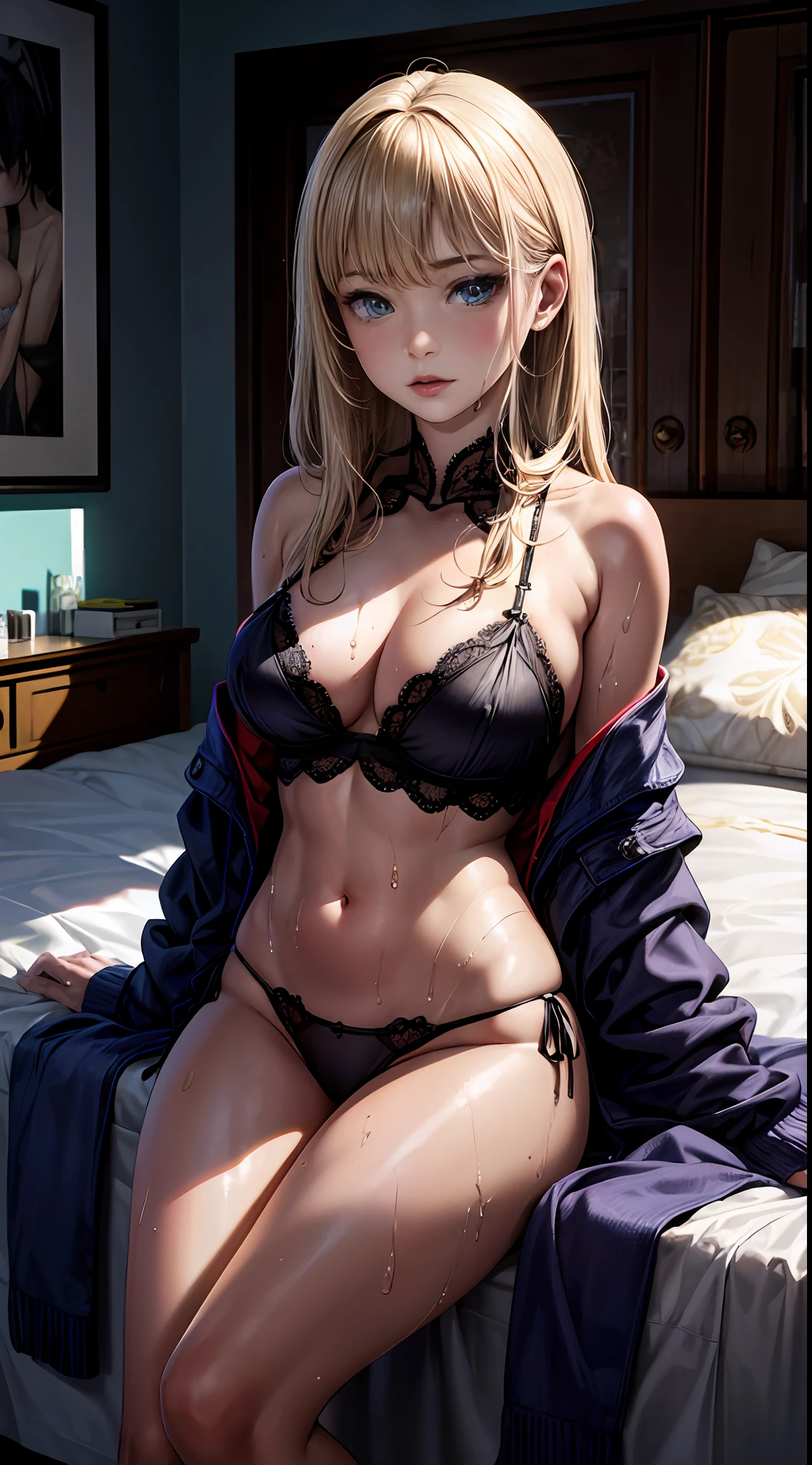 The body gets wet,Simetall,See-through installation,Camel fingers,(((Wet white shirt))),(((((no-bra))))),Expose shoulders and entire navel,trousersless,((((Wet thin thread thong panties)))),Almost naked,NSFW,Panties transparent,((The private details are delicate)),(((thin line thong panties)))(A masterpiece:1.2), best qualtiy, A high resolution,Very detailed wallpaper, Beds,(Very detailed CG:1.2),((Bare pubic hair:1.5)),Transparent packaging,full bodyesbian,Photoreality,8K,Perfect artwork,Ultra-detailed rendering,HighestQuali,A high resolution,Details maniac,photorealistic eye,hyper HD,Ultra high quality,Delicate face,Detailed body limbs,1girll,独奏,Fishing net clothes, Dark lips, High fork long sleeves, Exposed breasts, Be red in the face, high light, Excellent breasts, Superb body,
