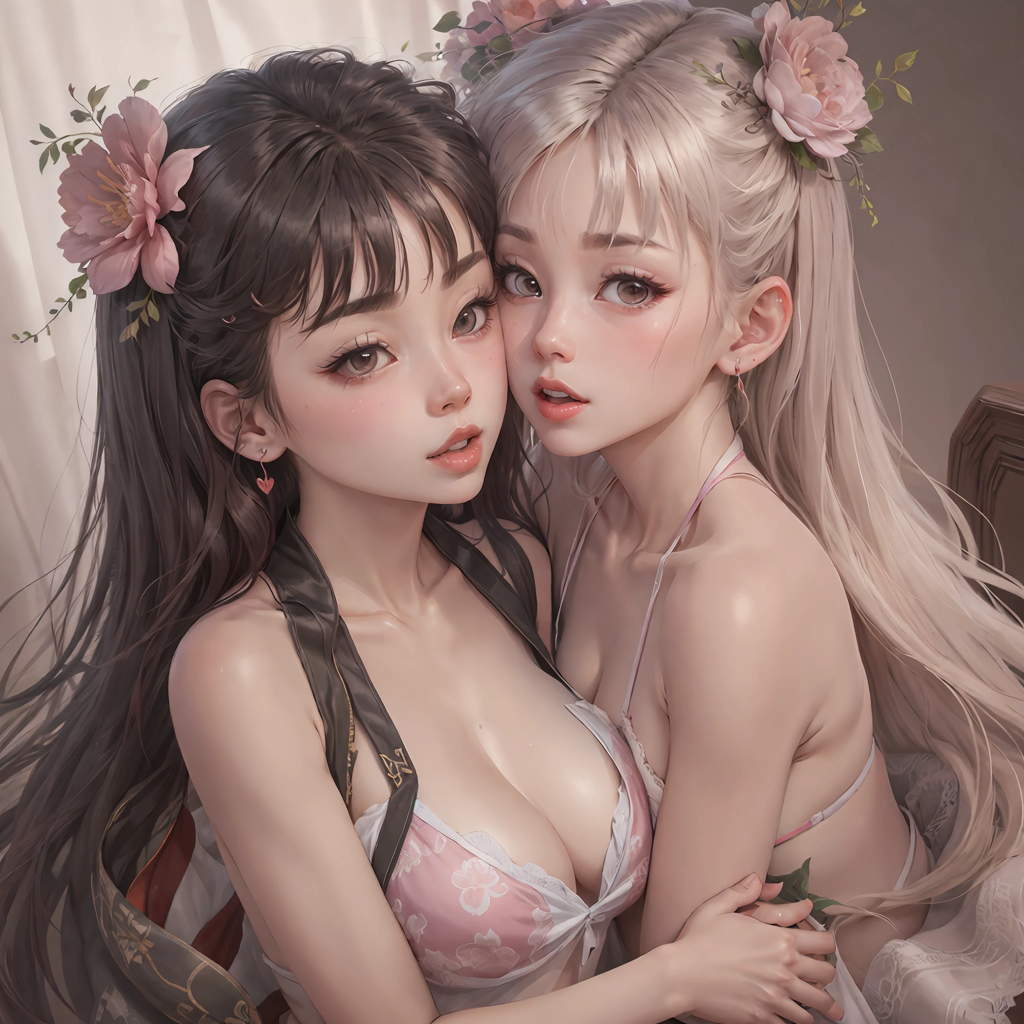 Best quality,Amazing,Masterpiece,Delicate,超高分辨率,Ultra detailed,intricately details,Beautiful detailed,8K resolution,(Extremely detailed Cg Unity 8K wallpaper),Sharp focus,((No text)),breast conscious,Huge bare breasts,Areola bareness,Bare breasts explode,Lively bare breasts,Bare breasts,Highly transparent complexion mini bikini,HD skin tone micro bikini and HD skin tone micro bikini,Tongue stock,Makeup,cheerfulness,Reflectors,ahegao,Pink eyes,Heart earrings,2girls,Female pervert,view the viewer,hair flower,Long hair,multicolored hair,Shiny hair,Barefoot,Bottomless,Thick thighs,Bare legs,Look at each other from the front、((Feminine kiss))、(((French kiss for women)))、Women hugging each other,As if pushing each other、Staring at each other、Moist eyes、half-open lips、Beautiful、Red blush(0.2)、Functional、seductiv、Trance、instigate、Beauty、bustup、Shunguang、、Shoot diagonally down from the front、precise drawing、Detailed drawing、Precise anatomy、