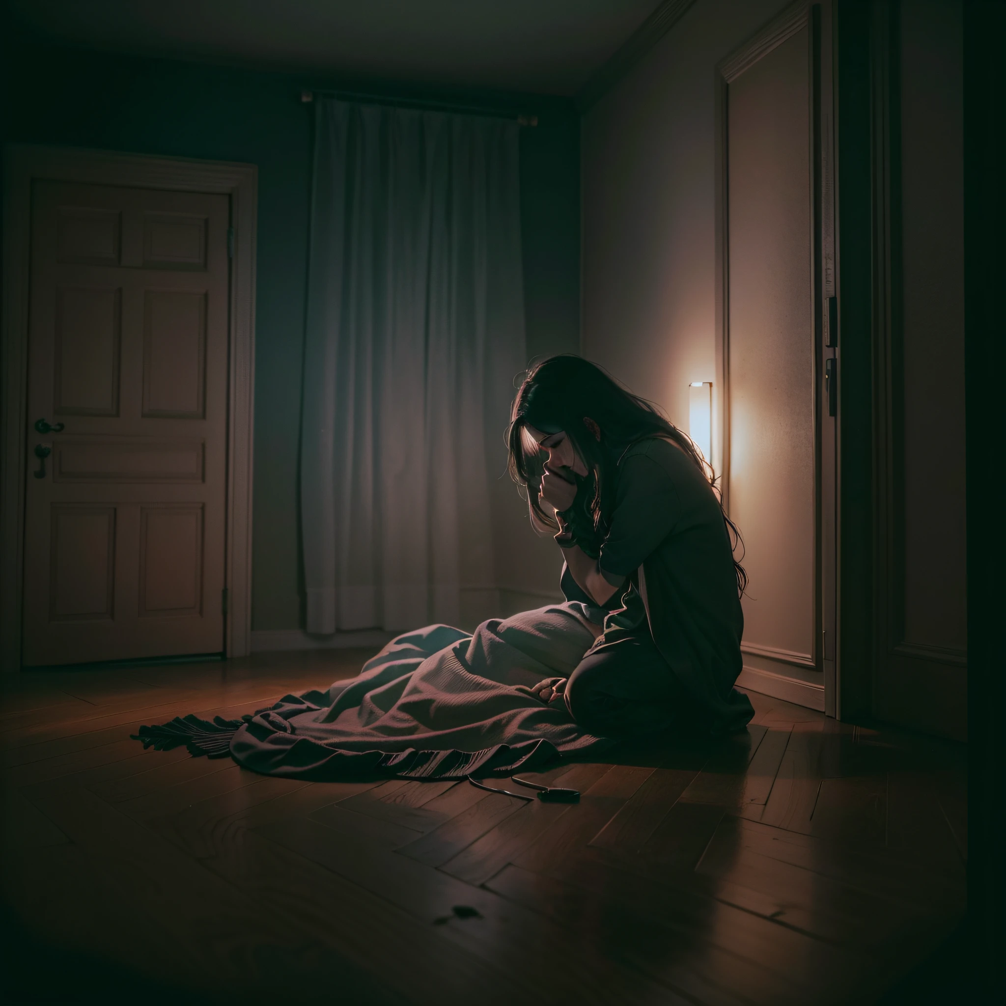 (A terrified woman closing her eyes with a cloth while crouching in the corner of a room), (woman, terrified, cloth, crouching, corner, room, ultra-wide shot, night time,Perfect coloring backgrounds, Epic Cinematic Backgrounds, full body, highly detailed, Perfect composition, optimization colors Palette, color blasting, illuminated lighting blasting, proportions sharpness and shades, illuminated nature lighting, optimization dark and Bright color combinations, perfectly Thin and bold line combination, optimization color effects, masterpiece, dark, best quality, 4k, sharp focus, perfect anatomy, centered.)