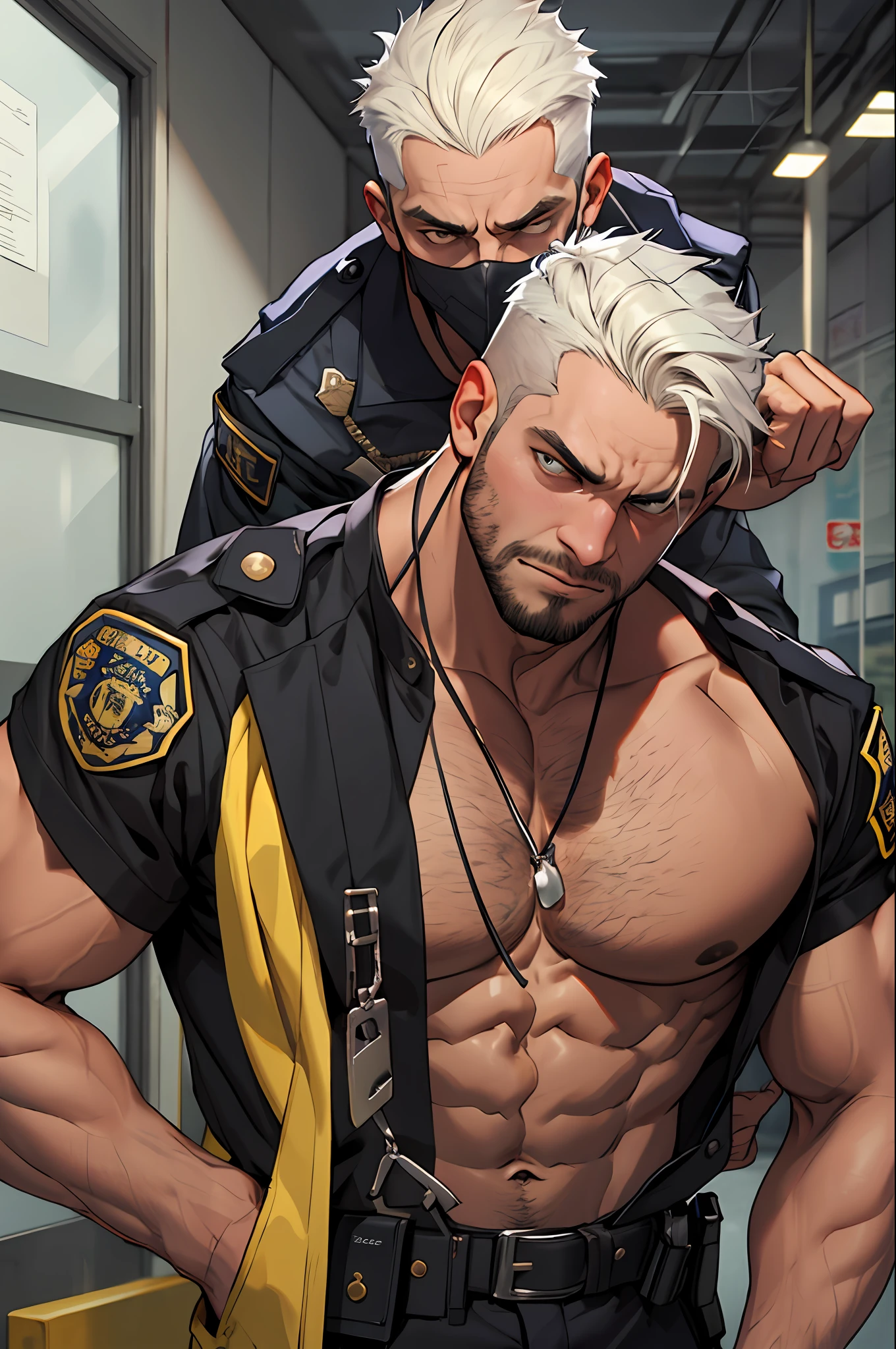 1 Homem, obra-prima, melhor qualidade, muita dor nos olhos, raiva cabelos negros, barba, Court of Justice Judge Plan, sozinho, corpo inteiro sendo condenado, policial, algema, prisioneiro, sofrimento dor, expression of pain, Homem musculoso, casaco, beco, eight heads tall, Escuro, Homem