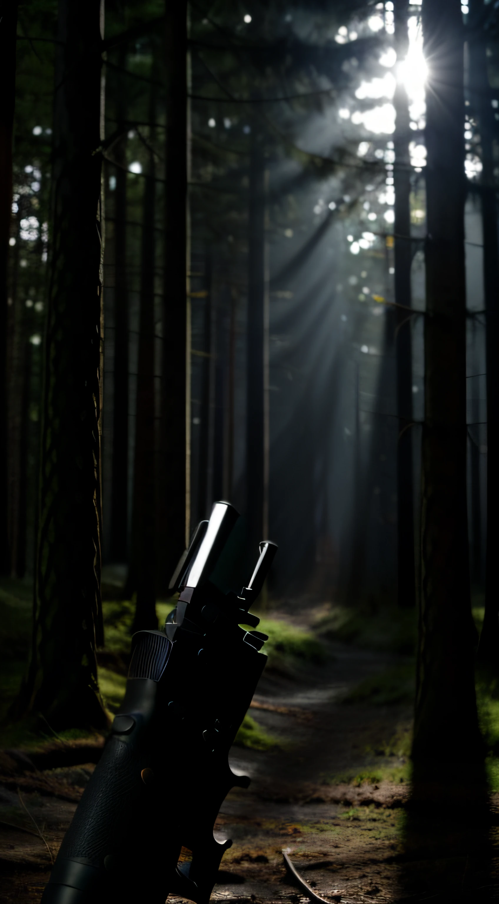 Gun in the other side .Background is in the forest at midnight.