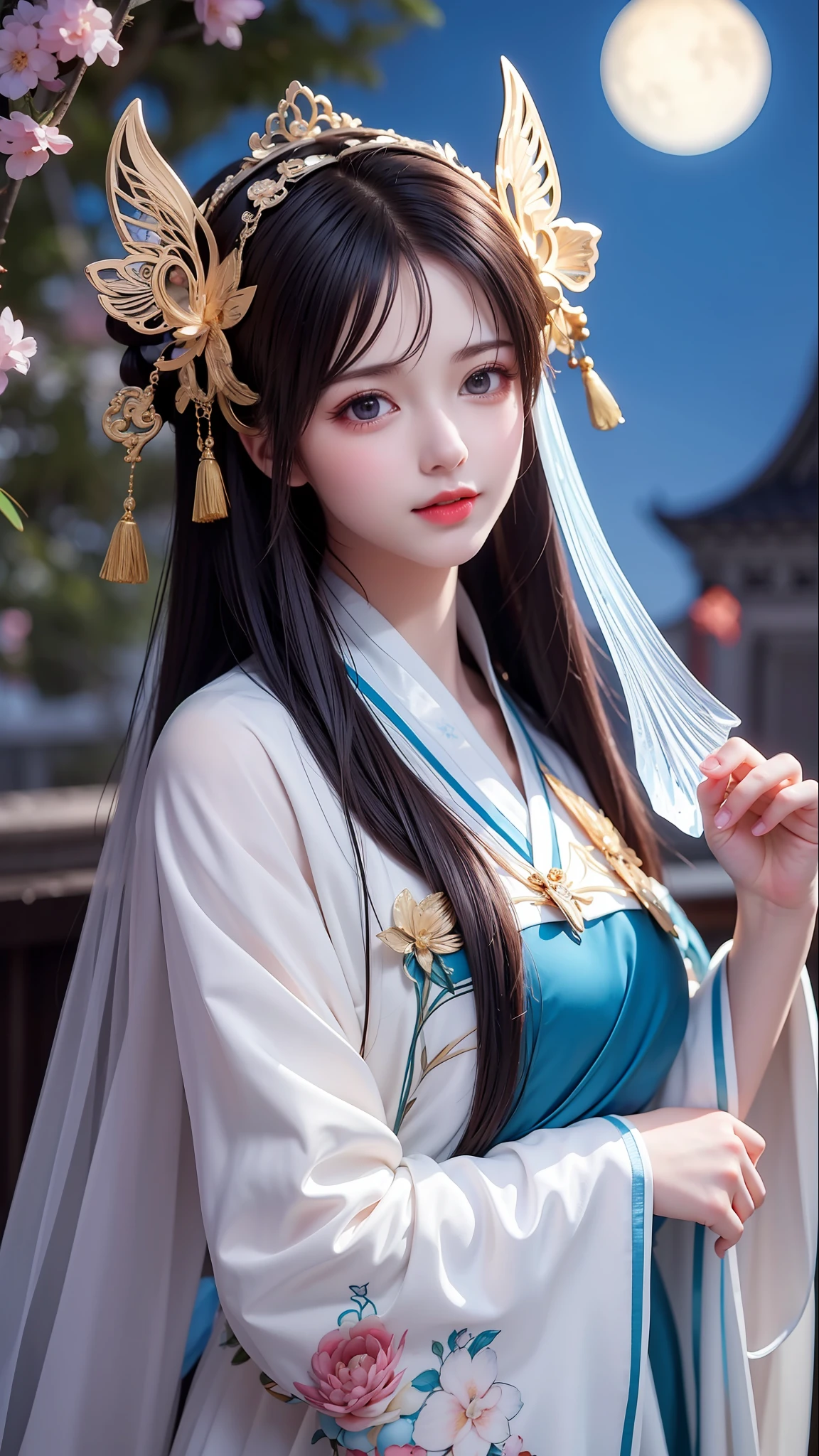 (8k, RAW photo:1.2), best quality, ultra high res,dramatic angle,(fluttered detailed color splashs), (illustration),(((1 girl))),(long hair),(rain:0.9), (head gear:1.4),There is an ancient palace beside the girl,Hanfu,(focal point),colored ink drawing,(Splash color),Splash color,(((colorful))),(sketching:0.8) , Masterpiece, best quality, beautiful painted, highly detailed,(denoising:0.6),[splash ink],((ink refraction)), (beautiful detailed sky),moon,highly,detaild,(masterpiece, best quality, extremely detailed)