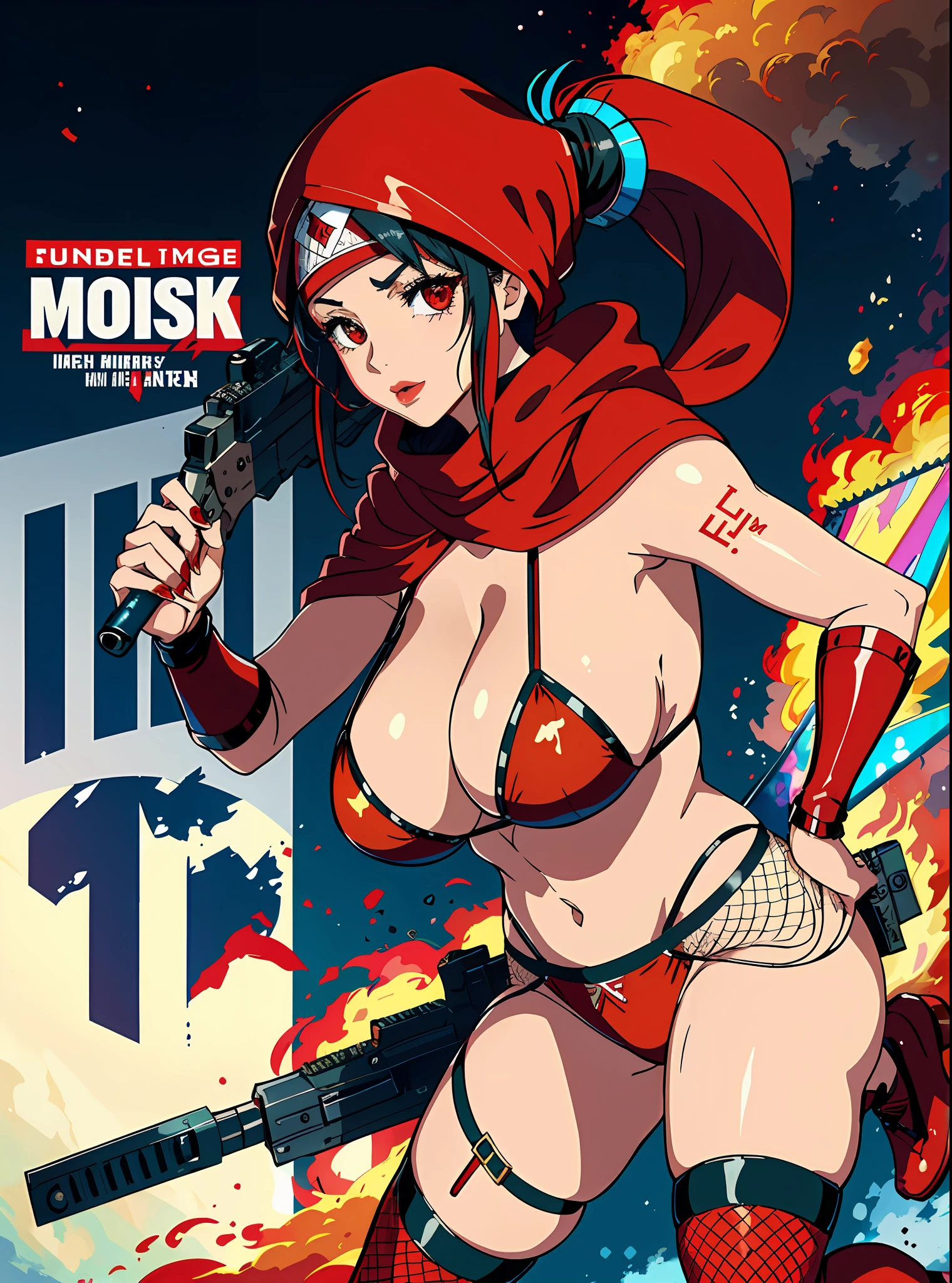 (Best Quality, Masterpiece), A cinematic movie poster for an action film, 1woman, 32 years old, Amazigh, berber, lybian, Muslim, wearing silk Hijab, mini skirt, red boots, fishnet stocking, fishnet pantyhouse, glossy lips, lips so delicious, pvc crimson red bikini, butterfly tattoo, polished red nails:0.91, huge breasts, private parts slightly visible, posing for a picture, carrying guns in her hand, movie poster, determined, action-packed, explosions, beams, blasters, cinematic, fade, evil demon in the background overhead.