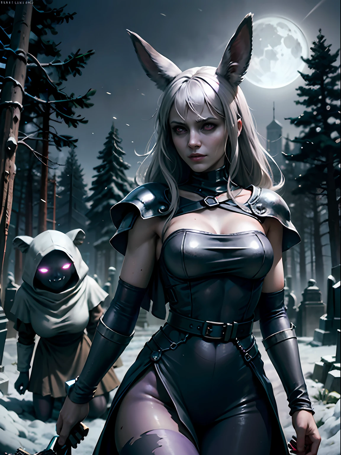 masterpiece, best quality, horror, portrait of 20-year-old woman, slim (172cm), white and gray hair, purple rabbit ears, medieval ghotic black dress and sexy tights, with a purple flaming sword, sweeps the way in the dark winter pine forest, medieval fantasy theme, realistic and pixel minecraft. full moon sky. nervously looking around, (barely visible creep ghost spirits flying around:1.2), at night graveyard, matching eyes, art by greg rutkowski