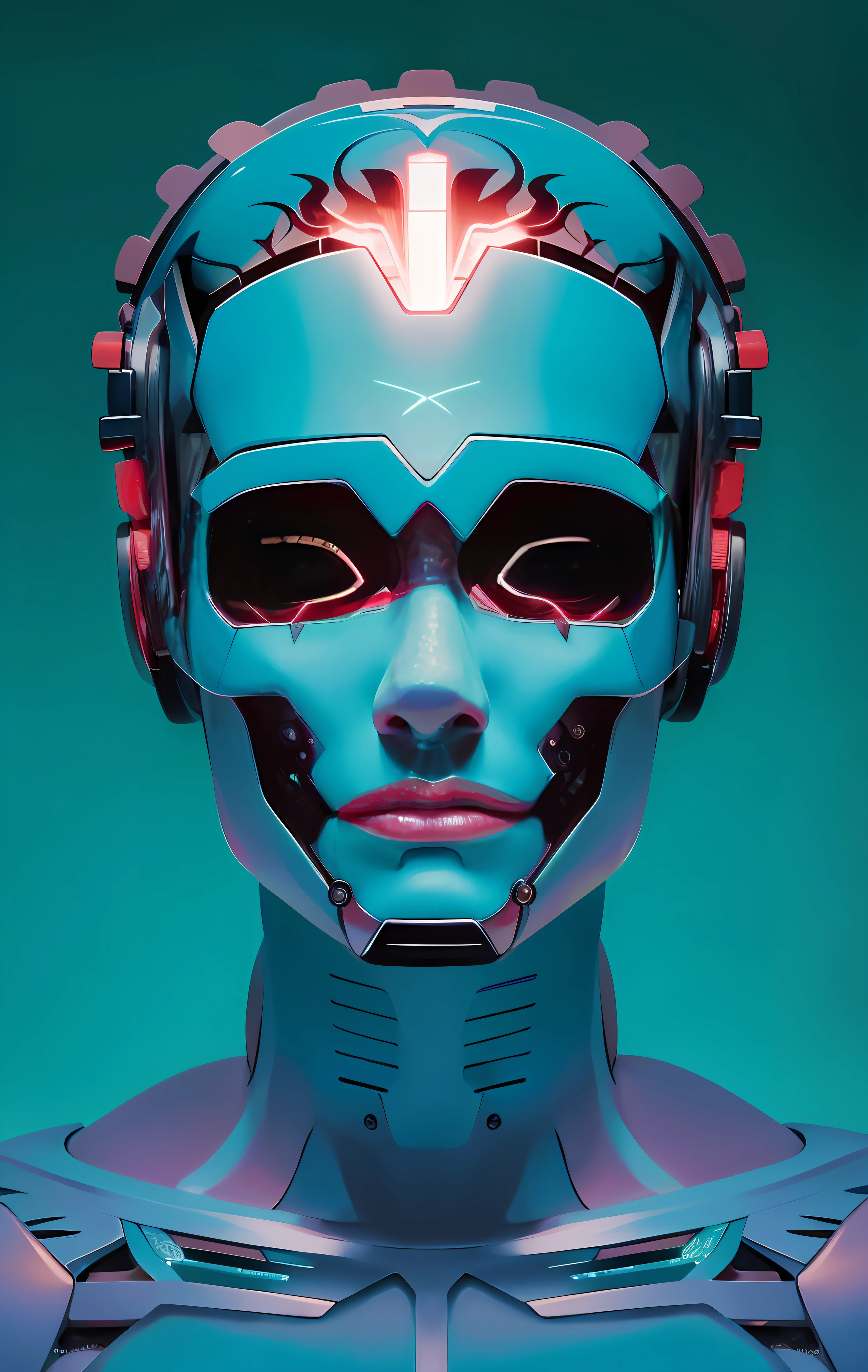 um close up de uma pessoa usando fones de ouvido e um fundo azul, Retrato de um androide feminino, Cybernetic Machine Female Face, Retrato do androide feminino, Face detalhada de um androide, portrait of a futuristic robot, Retrato de um androide, Retrato detalhado de um ciborgue, retrato futurista da mulher, Retrato do humanoide feminino, Retrato de um ciborgue, androide feminino retrofuturista