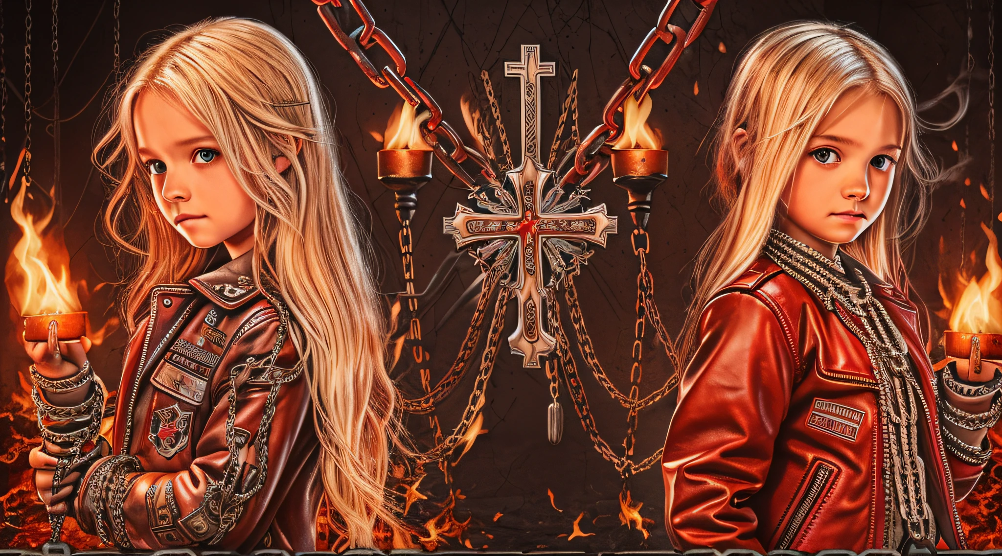 A half body, portrait of 3 girls German children long platinum blonde hair of 12 years, red leather jackets, holding in their hands a cross, background of chains, chain, more chains, many chains, , red, red fire, many background flames.