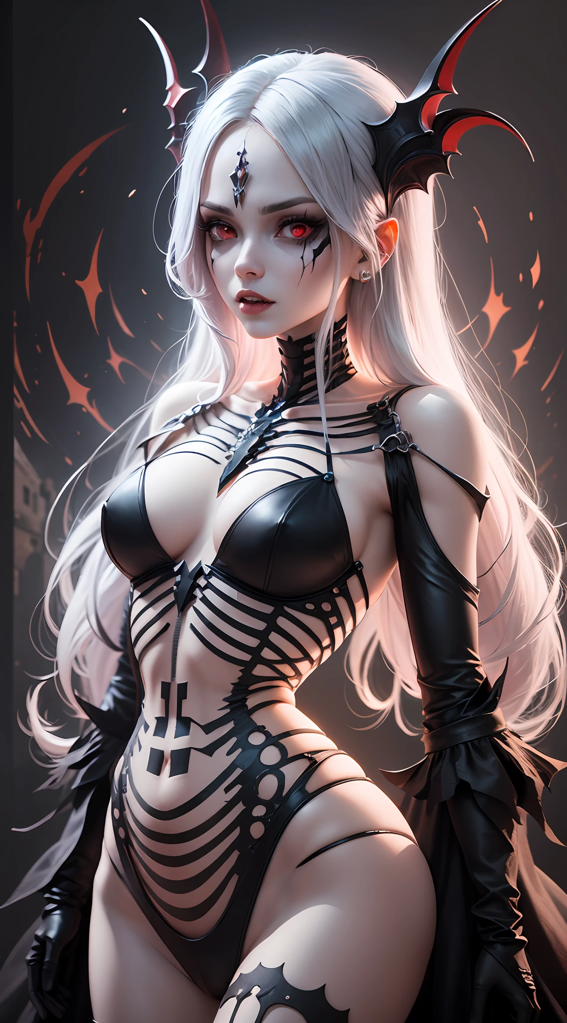 A woman with a vampire-like body，Royal sister face， parfect anatomy， With technical skeleton parts， skeleton，White， Has the eyes of evil chaos， Vampires， With fluorescent area， Red and black background with ancient castle with fluorescent area， 8K， hentail realism， Full-HD， 3D --auto --s2