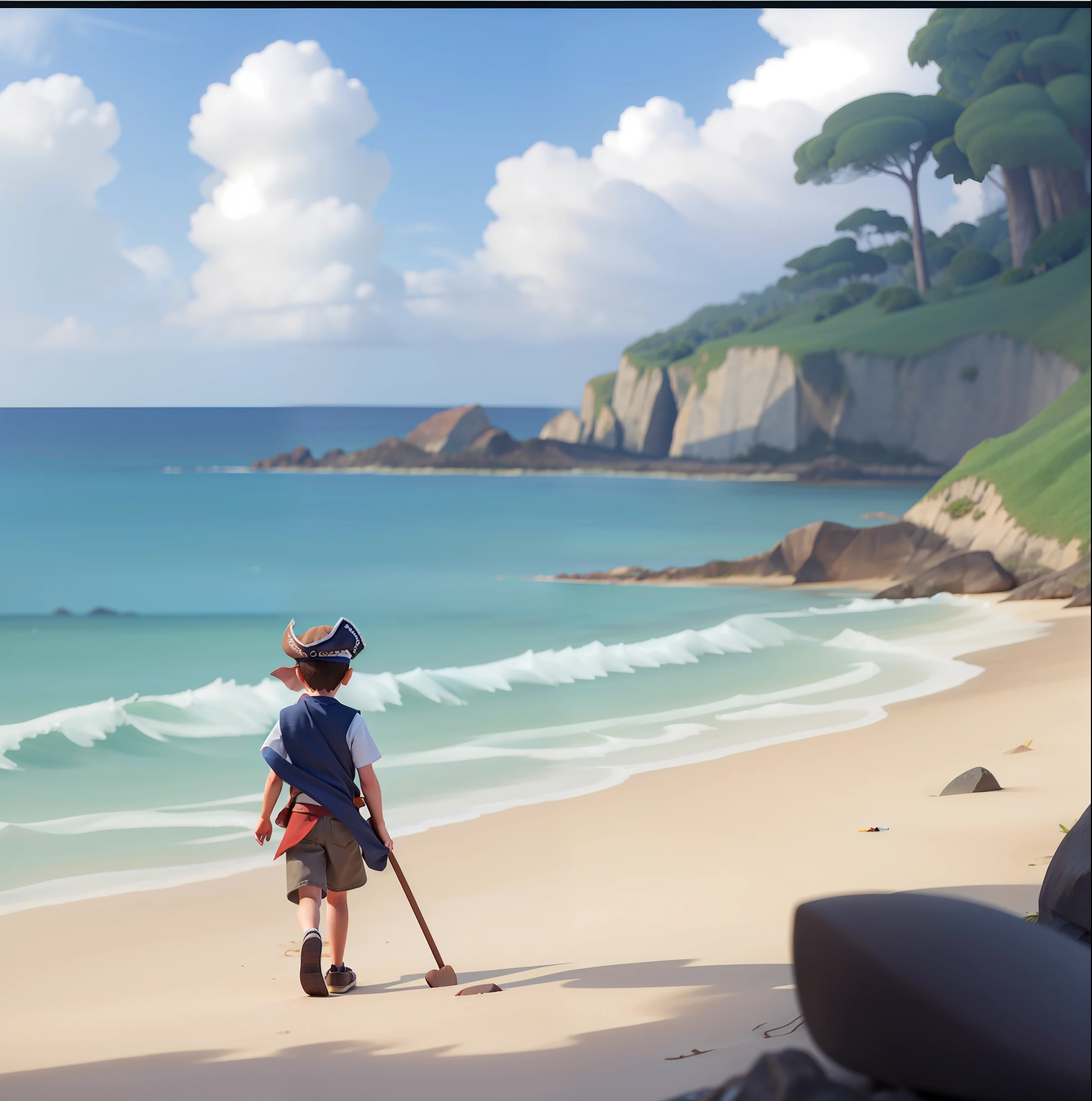 There's a ??? dressed as a pirate exploring the beach