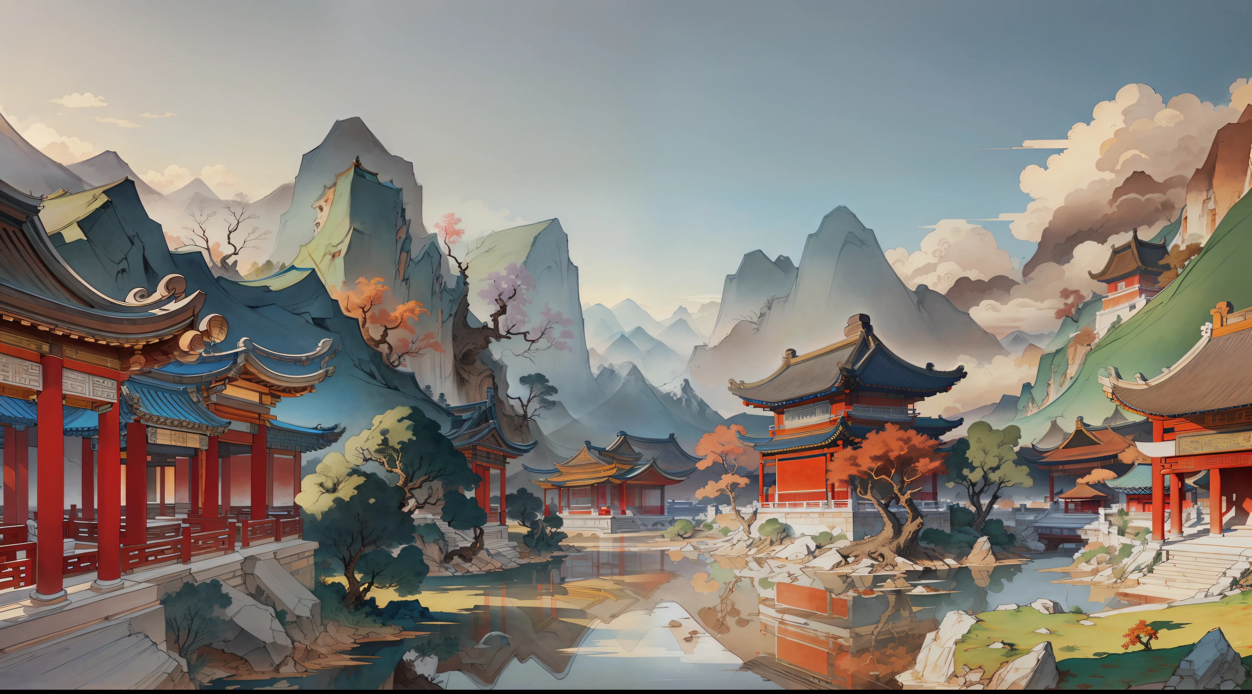 Ancient Chinese landscapes, ancient buildings, pavilions, carved beams and painted buildings, beautiful mountains and rivers, inspired by Jin Yong martial arts, sunlight, ink painting style, clean colors, decisive cutting, blank space, freehand, masterpiece, super detailed, epic composition, high quality , highest quality, pixar style, oversaturated, surreal, artgerm --v 6