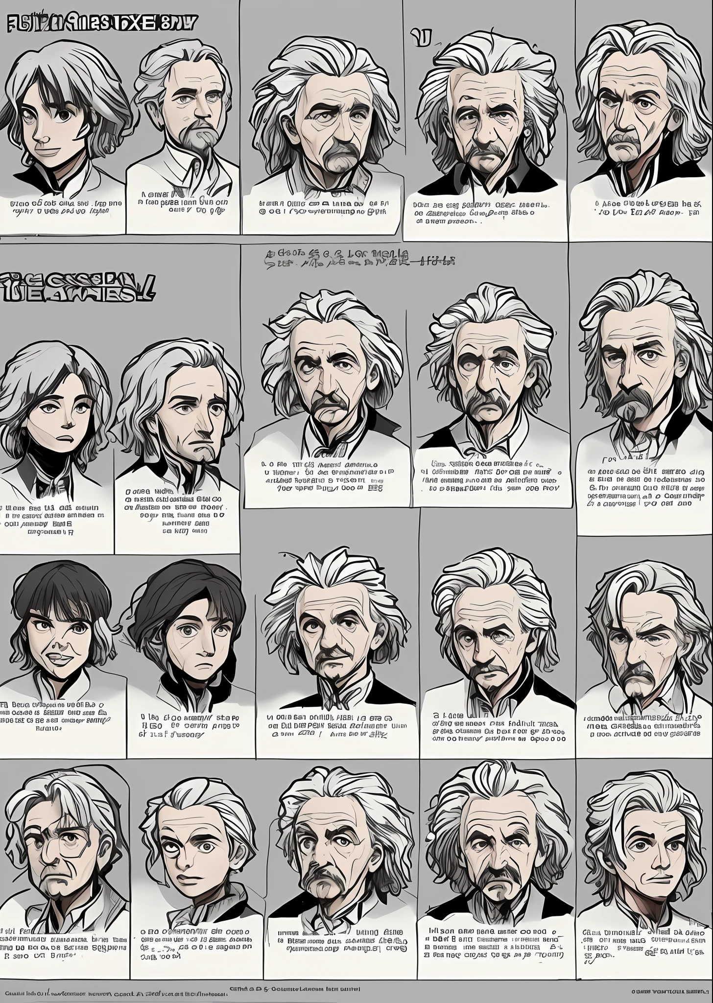 Um personagem de jogo 2d casual, um personagem de corpo inteiro, albert einstein, Expression Sheet, fofo, Feliz, triste, irritado, ansioso, Embarrassed, Rindo, ultra detalhado, Estilizado, High, arte fundo branco