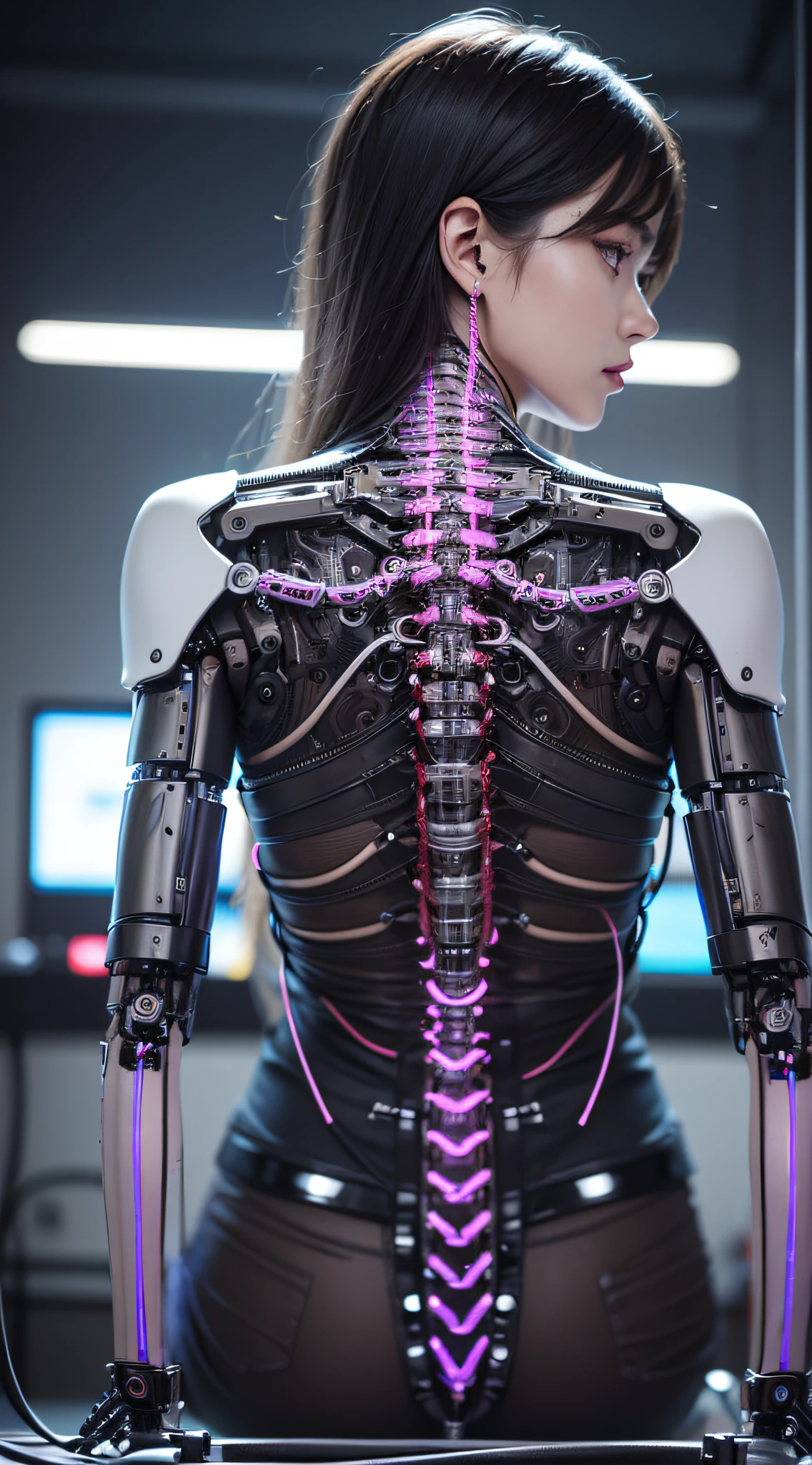 1 Mechanical Girl、((super realistic details))、portlate、globalillumination、Shadow、octan render、8K、ultrasharp、metals、Details of complex ornaments、cold color、Gothloli details、highly intricate detail、Realistic light、CGSoation Trends、a purple eye、radiant eyes、Facing the camera、neon details、Mechanical limbs、blood vessels connected to tubes、Mechanical vertebrae attached to the back、mechanical cervical attaching to neck、sitting on、Wires and cables connecting to the head、The background is a cyberpunk space、