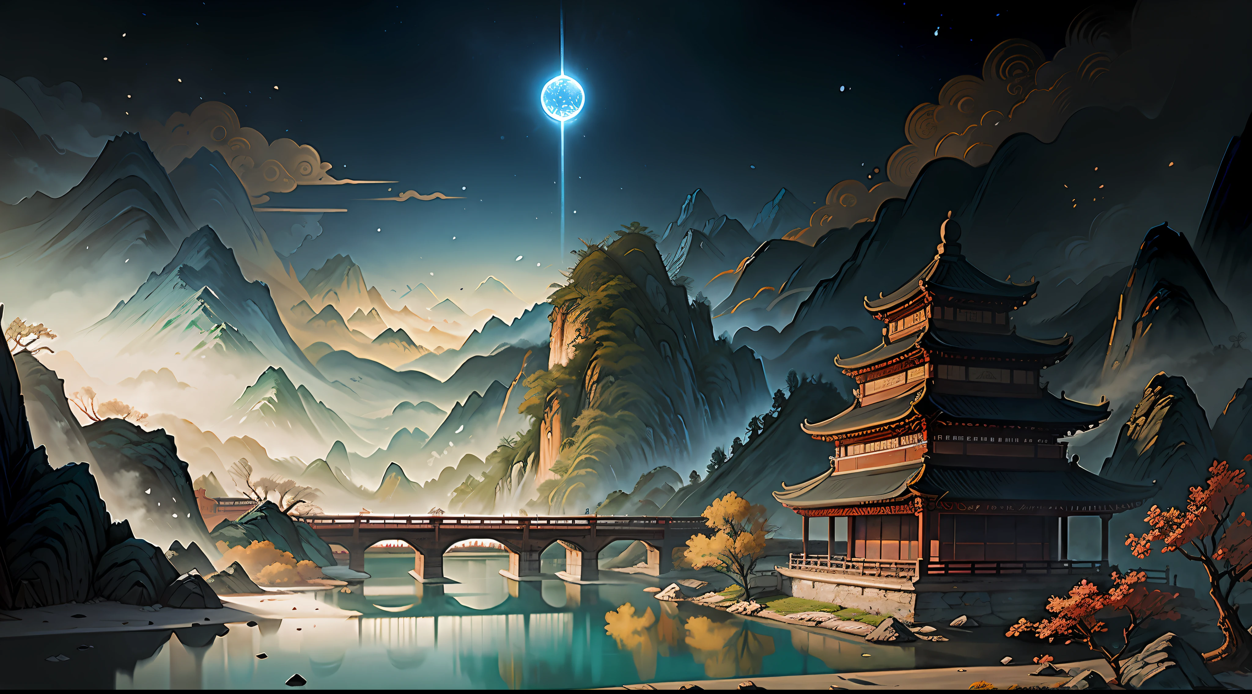 ancient chinese painting, ancient chinese background, mountains, river, auspicious clouds, pavilions, sunlight, masterpiece, super detail, epic composition, ultra hd, high quality, extremely detailed, official art, unified 8k wallpaper, super detail