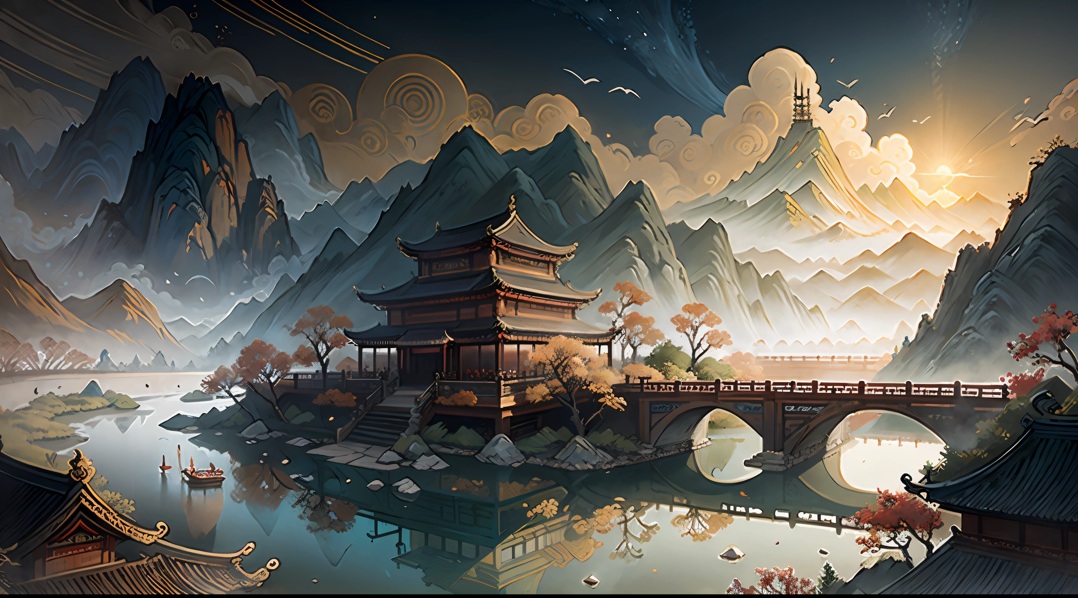 ancient chinese painting, ancient chinese background, mountains, river, auspicious clouds, pavilions, sunlight, masterpiece, super detail, epic composition, ultra hd, high quality, extremely detailed, official art, unified 8k wallpaper, super detail