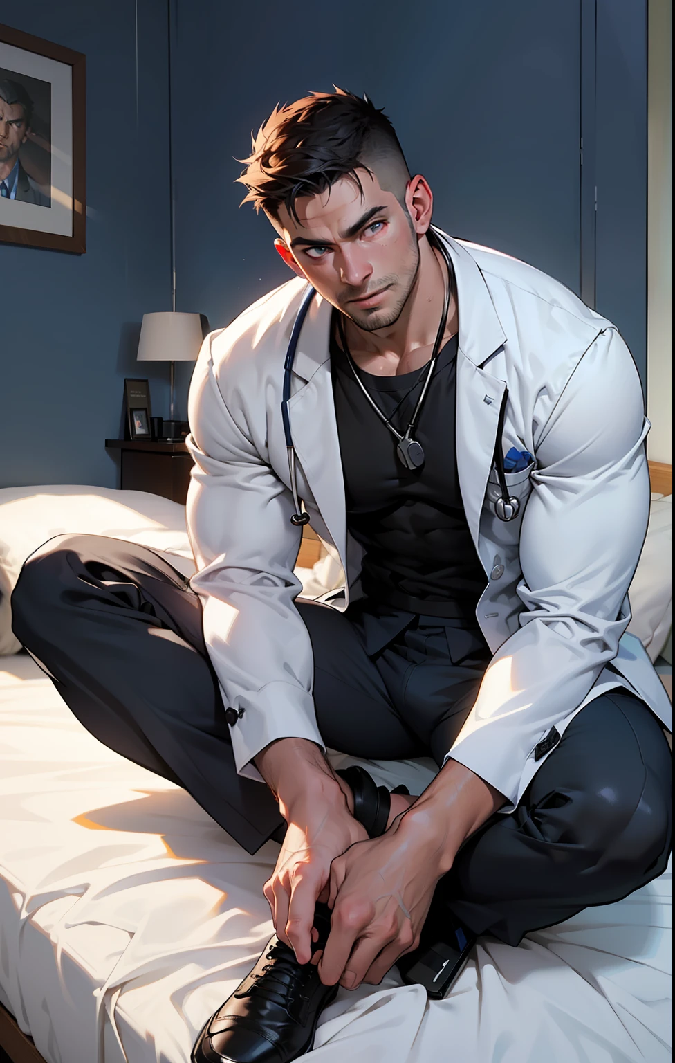 masterpiece, best quality, face, natural eyes, 1man, european, big feet, shirtless, underwear, topless, black socks, (no shoes), full body, (in suits), large bulge, long legs, muscular, hyper muscle, looking at viewer, 30 years old, muscled and mature, short haircut, sitting on the bed, sitting on the bed with legs streched, in hospital, doctor suit hanging on the walls, hopspital wards, wearing doctor’s uniform with zipper open reveling a strong chest and abdominal musclesblue eyes, wearing white doctor coat, flush, organism, face covered with white fluids, sweating, tight cloth, erecting, white jacket, strictly, holding black whip in hand, wearing only a white coat, remote camera angle,wearing a stethoscope, on the bed,