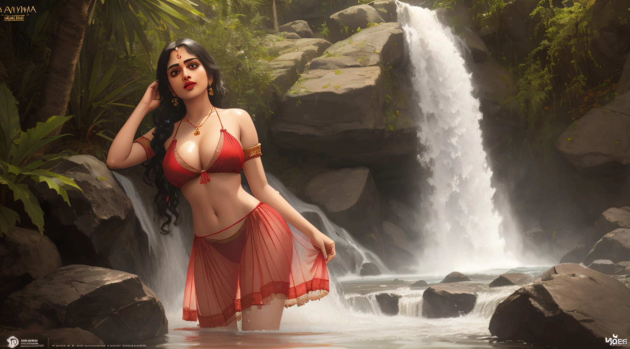 ((( by artist Raja Ravi Varma ))), Nair Lady taking bath in a water falls, see through dress, licking lips, (big boobs:1.2), deep cleavage, wearing thin red lace see-through bikini, red lips, seductive gaze, posing provocatively, innocently, real photo volumetric lighting, photo-realistic, ultra detailed, best quality, Realistic, 8K, ultra-detailed, Unreal Engine, midjourney art style