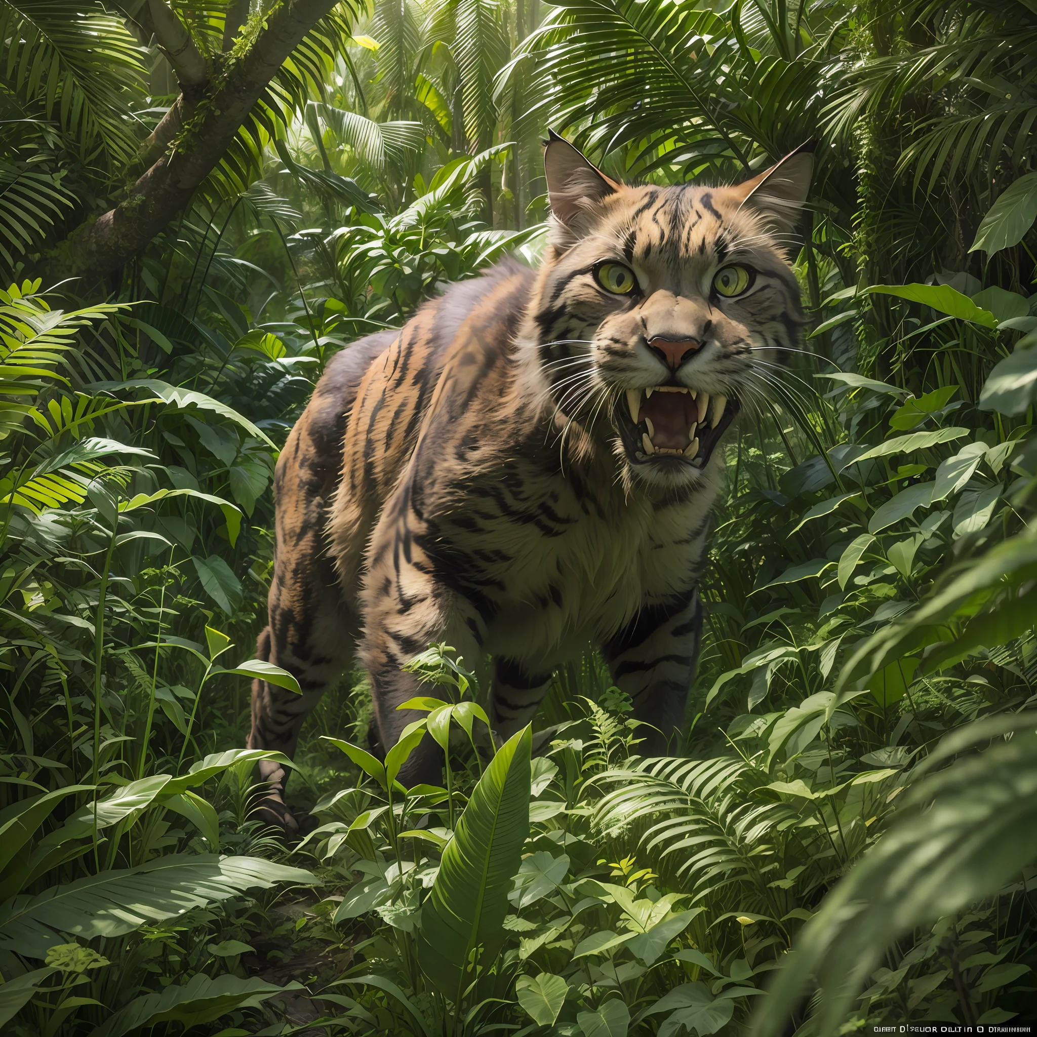 a big saber-toothed cat lurks in the lush vegetation of a dense jungle. Realistic.