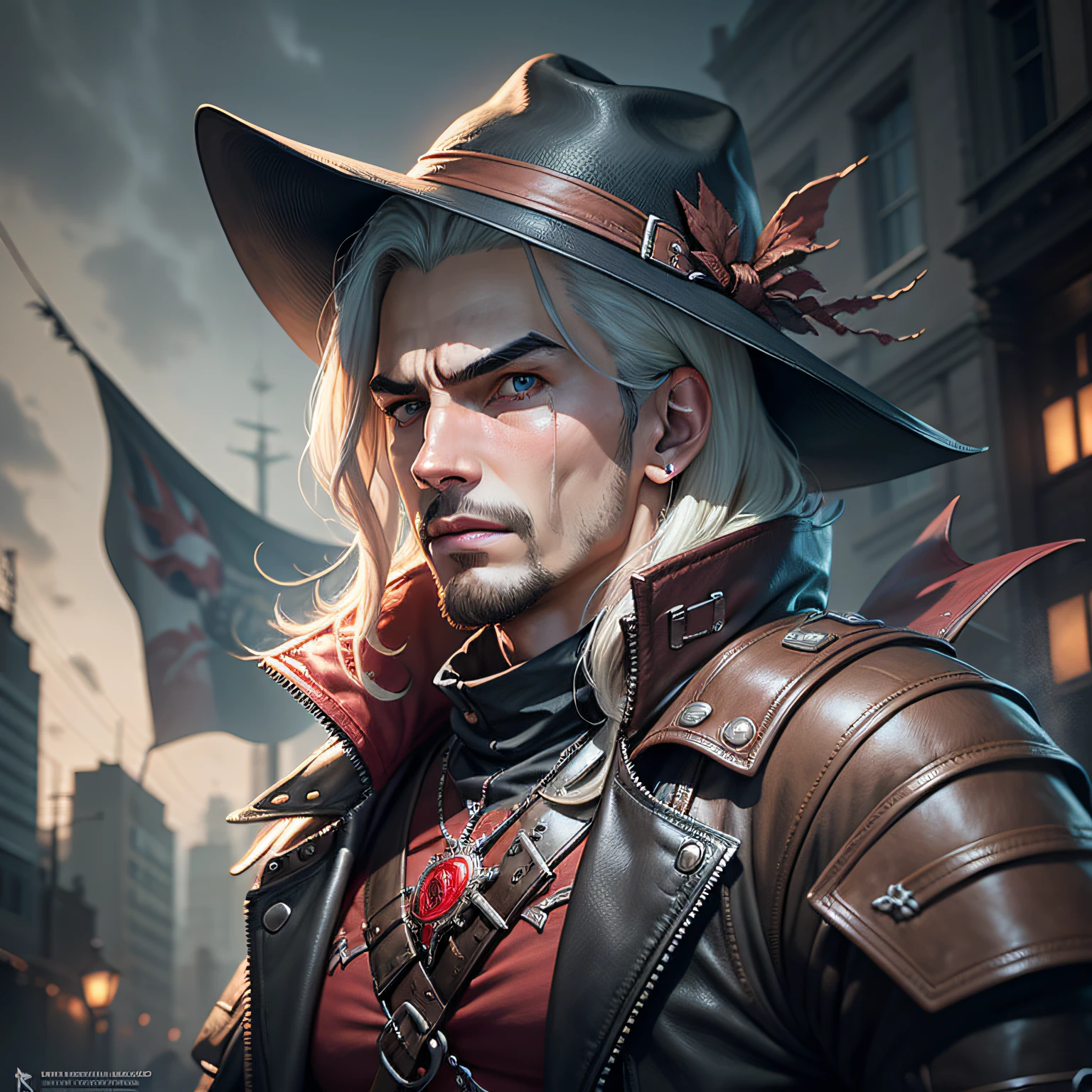 Man in black hat and leather jacket holding a flag, portrait of a bloodborne hunter, badass anime 8 k, Alucard, Tiroteio, arte de fantasia urbana estilizada, assassino cyberpunk, Retrato de um vigilante, fantasia urbana centralizada, como personagem em tekken, Dante do Diabo Pode Chorar, Guilherme H. Pongiluppi