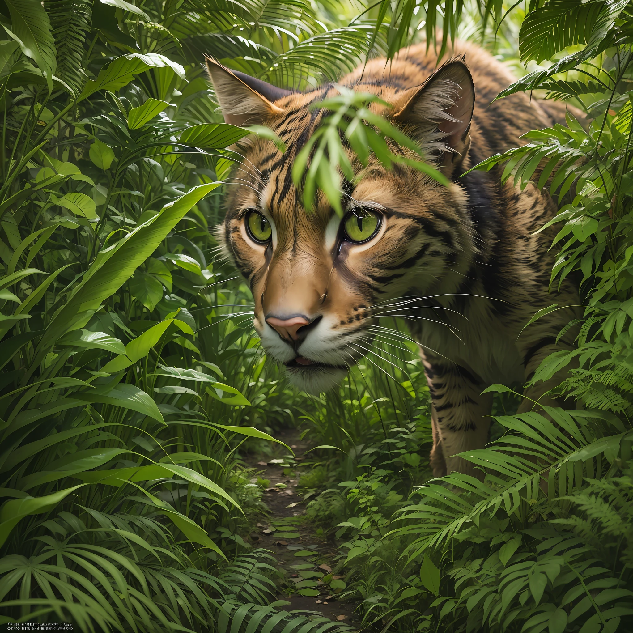 a big saber-toothed cat lurks in the lush vegetation of a dense jungle. Realistic.