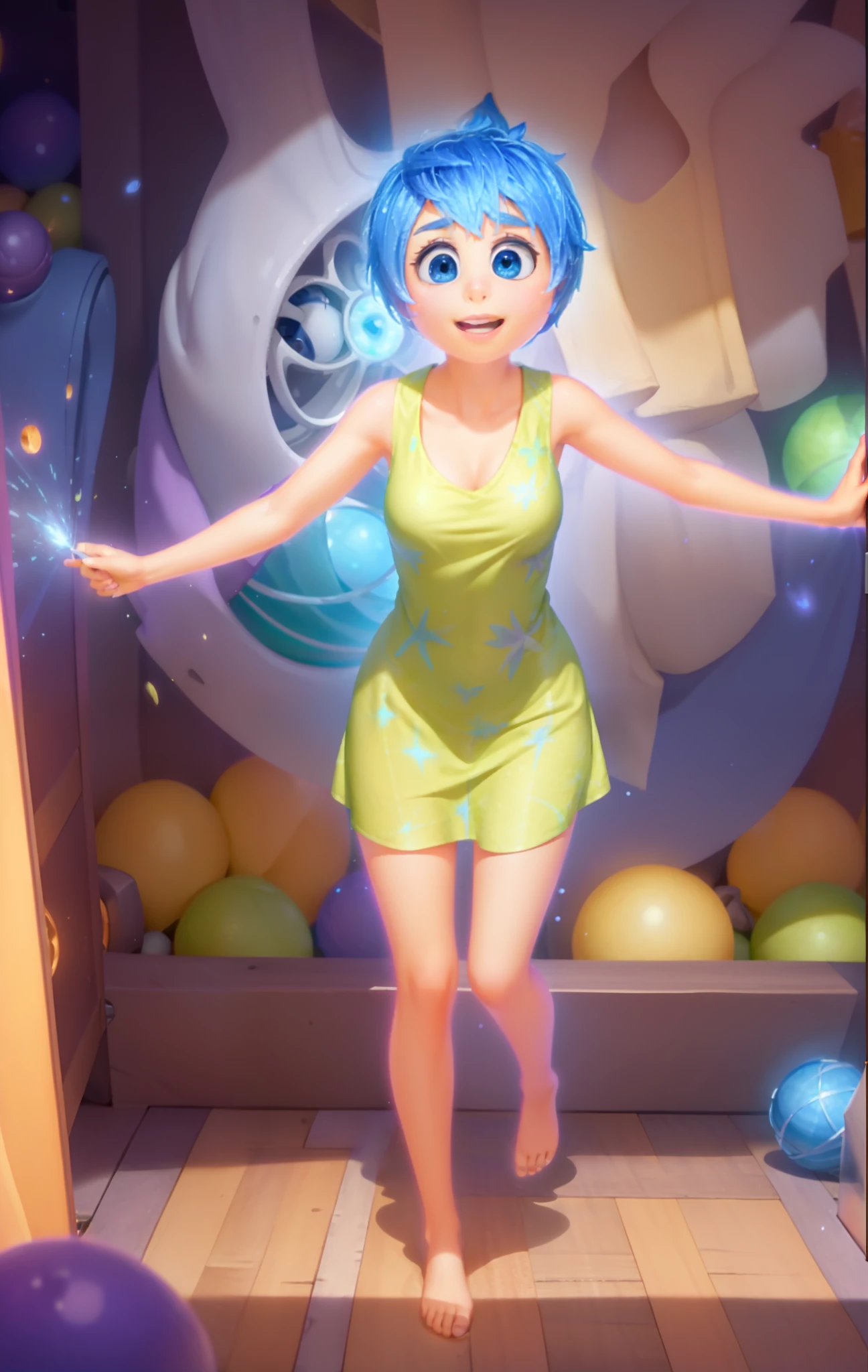 Masterpiece, Best Quality, (joying_Inside out, yellow skin, ), Happy, (sleeveless lime green dress speckled with firework-style flowers print that goes to the knees), Pixar, cartoony, 3D Rendering, small breasts, bare footed, Sunlight, (parted lips:1.4), (nose blush:1.2), foreshortening, blackcutoffs, (eye contact), high contrast, ultra high res, high resolution, detailed, breasts visible, Showing breasts, (cinematic lighting), ((high-angle view)), (half body shadow), [backlighting], [crepuscular ray], [detailed ambient light], [gray natural lighting], [ambient light on the belly], (higher wildlife feral detail), [explict content], [sharp focus], (questionable content), (shaded), ((masterpiece), Commission for High Res, detailed image, bright colors, detailed face, perfect lighting, perfect shadows, perfect eyes, girl focus, flawless face, gorgeous body, shiny body, center focus, gaze at the viewer, 1girl, solo, (masterpiece:1.21), (best quality:1.2), (illustration:1.2), (cinematic lighting:1.3), balanced coloring, global illumination, ray tracing, good lighting, cleavage, attractive body, sexy body, looking at viewer, SFW, portrait, happy expression, ( inside out headquarters background, overall of purple hues interior, control panel covered with buttons and levers, walls with numerous shelves with glowing spheres)