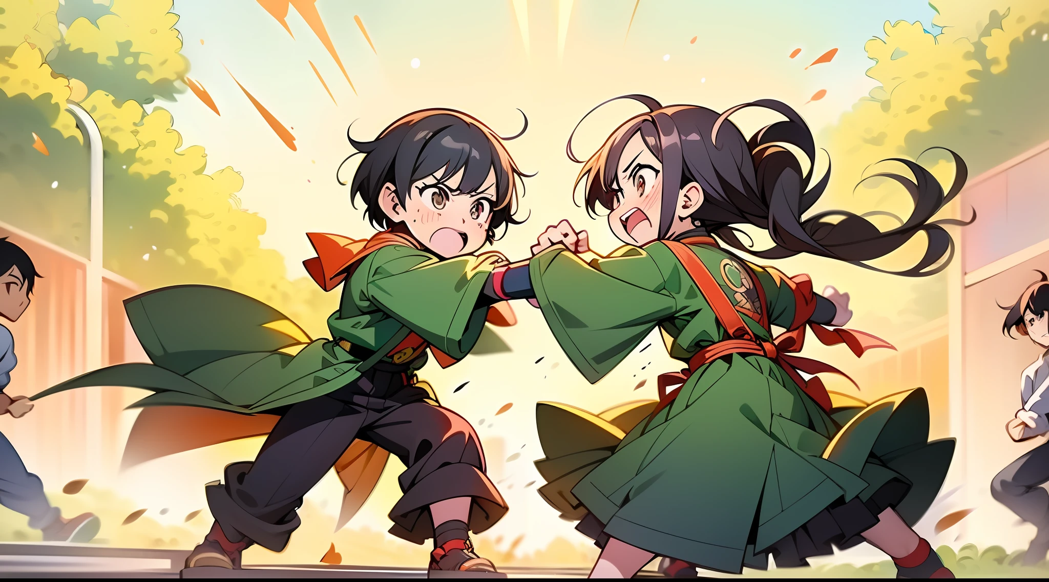 Anime characters get on fire and fight in the streets, they are fighting very angry, official fanart, anime fight, fighting against eachother, Fighting stance, High-quality fanart, Guviz-style artwork, fightingpose, facing off in a duel, Artgerm and Atey Ghailan, ross tran and bayard wu, Fighting posture