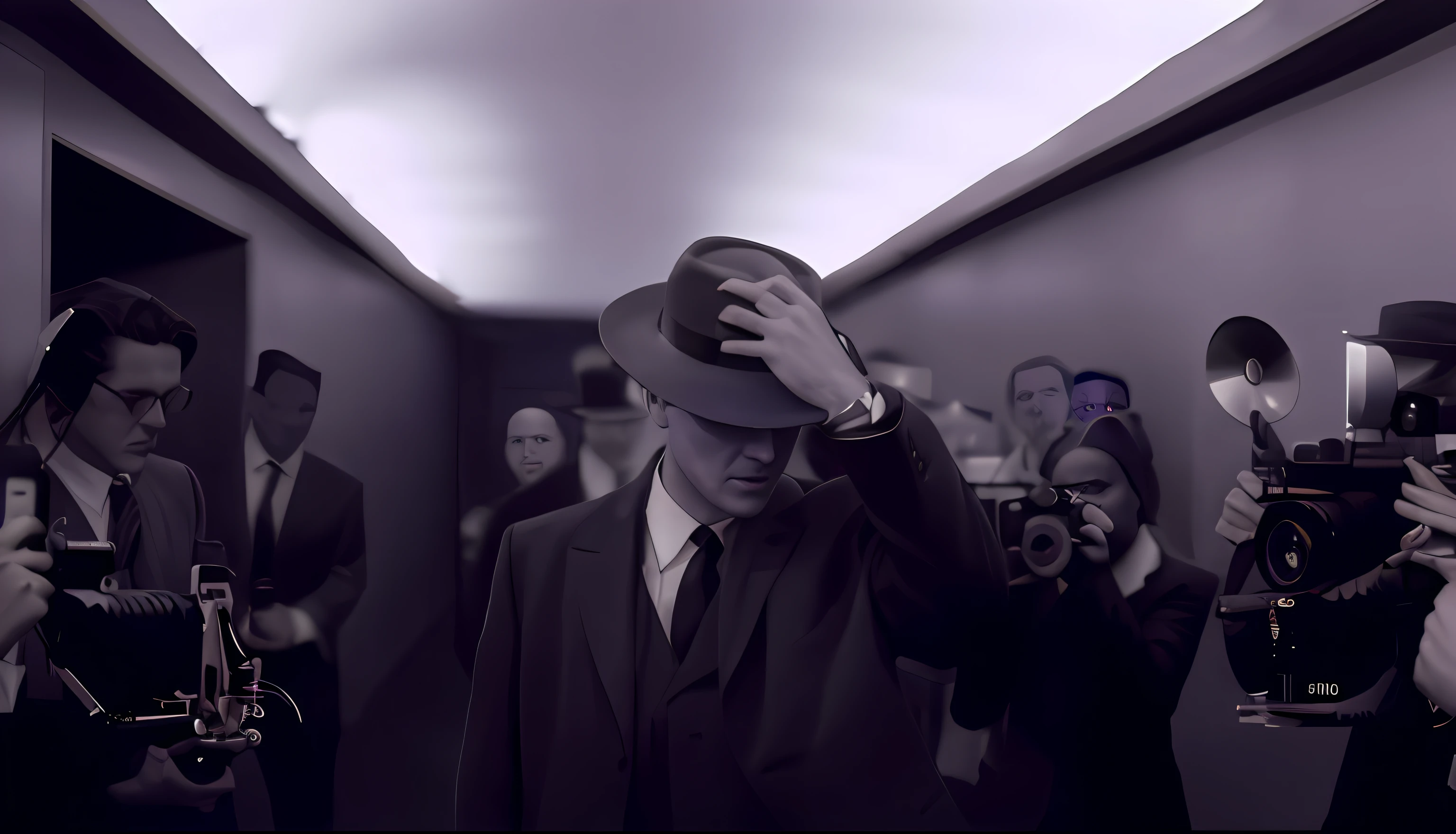 Man in suit and hat standing in a hallway with cameras, Road to Stillframe Doom, filme noir ainda, filme noir realista, cena de filme noir, Detetive Noir e um Fedora, a suited man in a hat, still from a music video, classic film noir scene, Gorjetando seu fedora, Estilo filme noir, ainda do filme, Fotorrealismo Noir. Barbie like filter, colored filter, light filter.