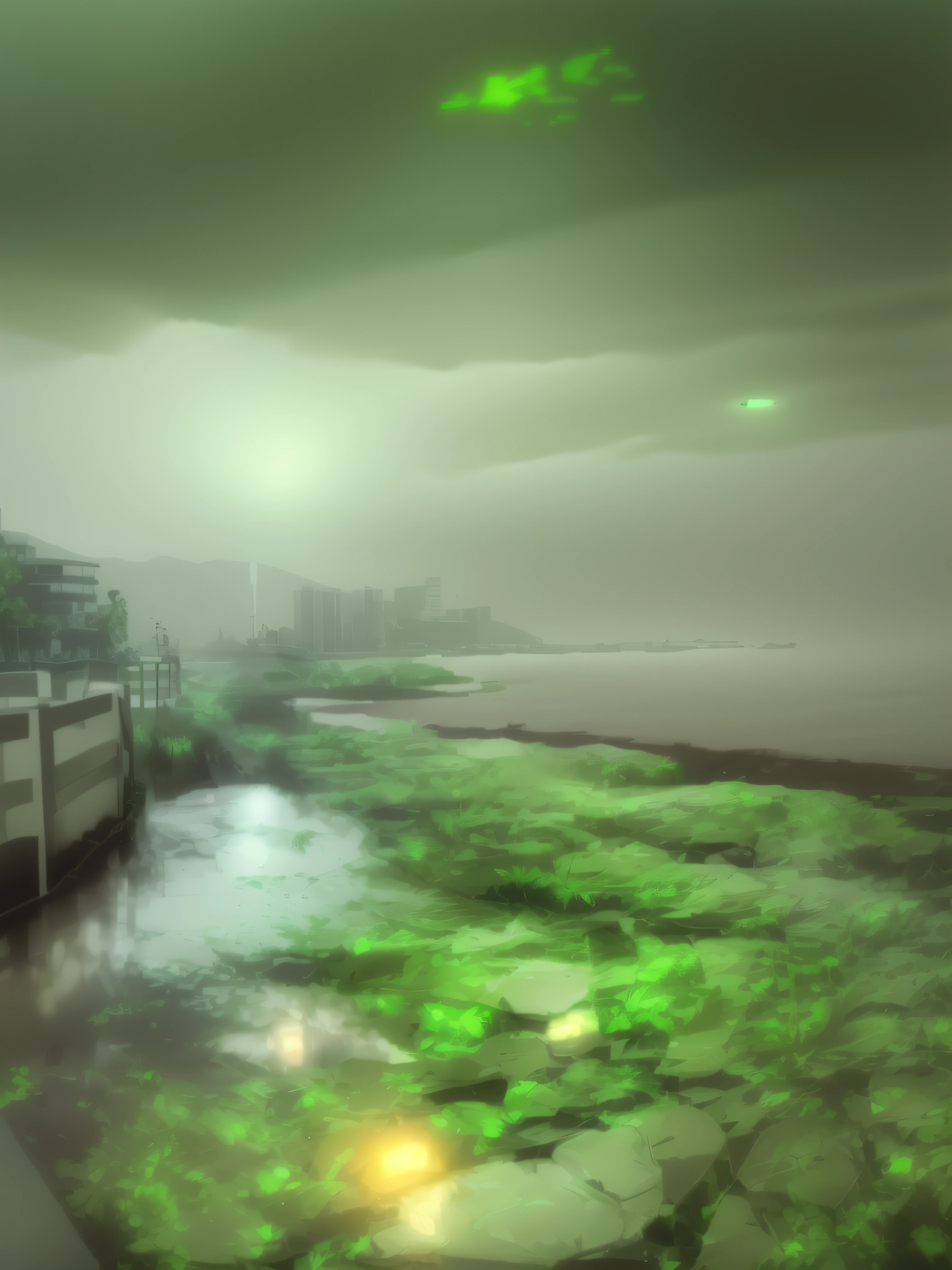 raining day,The leaves are tender green,Neon lights,Ground reflection