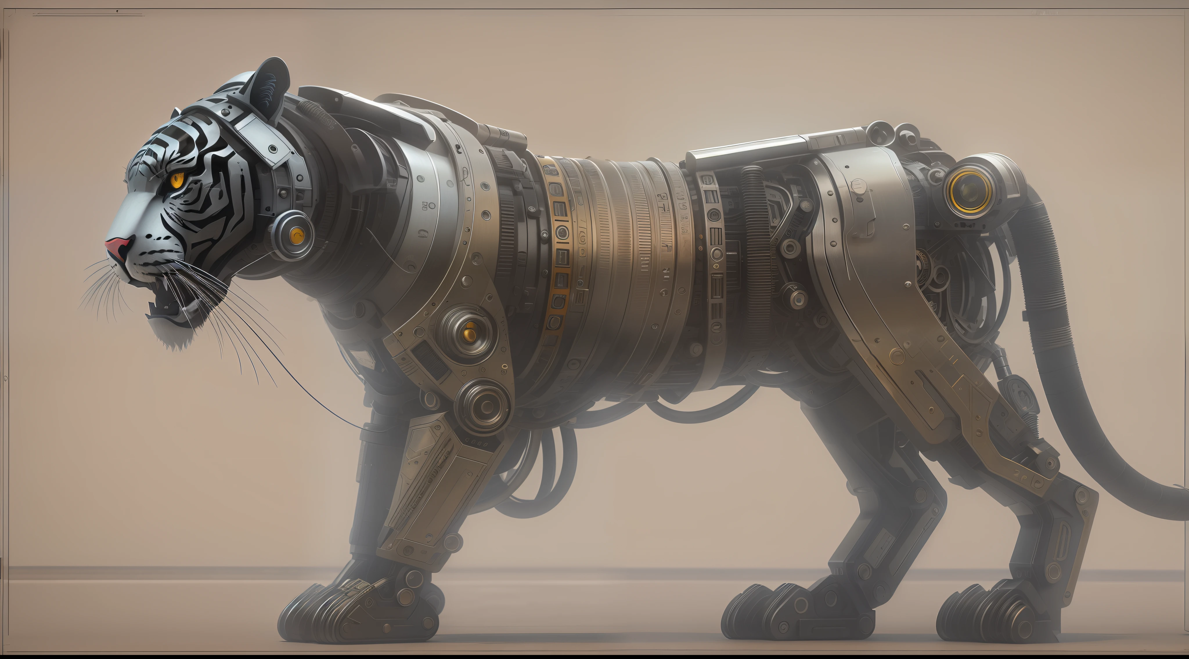A tiger made of metal，(cyborg:1.1)，([tail | detailed wire]:1.3)，(Complicated details)，hdr，(Complicated details，hyperdetailed:1.2)，Cinema lenses，Vignette，at centre，（Three View：1.2）