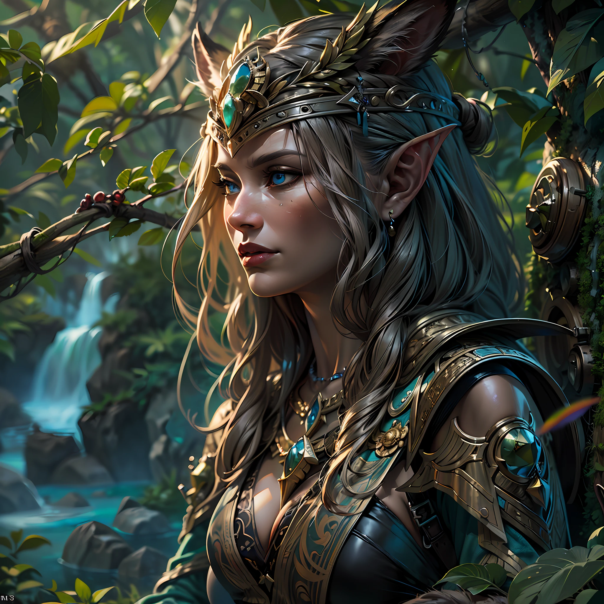 high details, best quality, 8k, [ultra detailed], masterpiece, best quality, (extremely detailed), dynamic angle, ultra wide shot, RAW, photorealistic, fantasy art, realistic art, a picture of a female elf druid  knelling (1.5 intricate details, Masterpiece, best quality) talking to a tiger (1.5 intricate details, Masterpiece, best quality) in a jungle (1.5 intricate details, Masterpiece, best quality),  a female elf wearing leather clothes (1.4 intricate details, Masterpiece, best quality), leather boots, thick hair, long hair, brown hair, intense blue eyes, vibrant jungle (intense details), many jungle trees (1.3 intricate details, Masterpiece, best quality), vines, a river flowing (1.4 intricate details, Masterpiece, best quality), sun light, dynamic light. dynamic angle, (1.4 intricate details, Masterpiece, best quality) 3D rendering, high details, best quality, highres, ultra wide angle