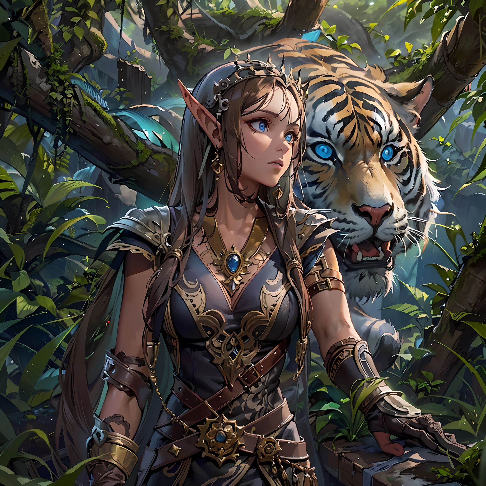 high details, best quality, 8k, [ultra detailed], masterpiece, best quality, (extremely detailed), dynamic angle, ultra wide shot, RAW, photorealistic, fantasy art, realistic art, a picture of a female elf druid  knelling (1.5 intricate details, Masterpiece, best quality) talking to a tiger (1.5 intricate details, Masterpiece, best quality) in a jungle (1.5 intricate details, Masterpiece, best quality),  a female elf wearing leather clothes (1.4 intricate details, Masterpiece, best quality), leather boots, thick hair, long hair, brown hair, intense blue eyes, vibrant jungle (intense details), many jungle trees (1.3 intricate details, Masterpiece, best quality), vines, a river flowing (1.4 intricate details, Masterpiece, best quality), sun light, dynamic light. dynamic angle, (1.4 intricate details, Masterpiece, best quality) 3D rendering, high details, best quality, highres, ultra wide angle