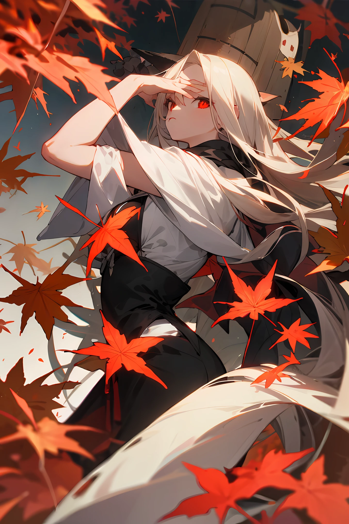 long whitr hair,There are flowers in the hair,brunette color hair,red - eyed,Maple leaves fly,1个Giant Breast Girl