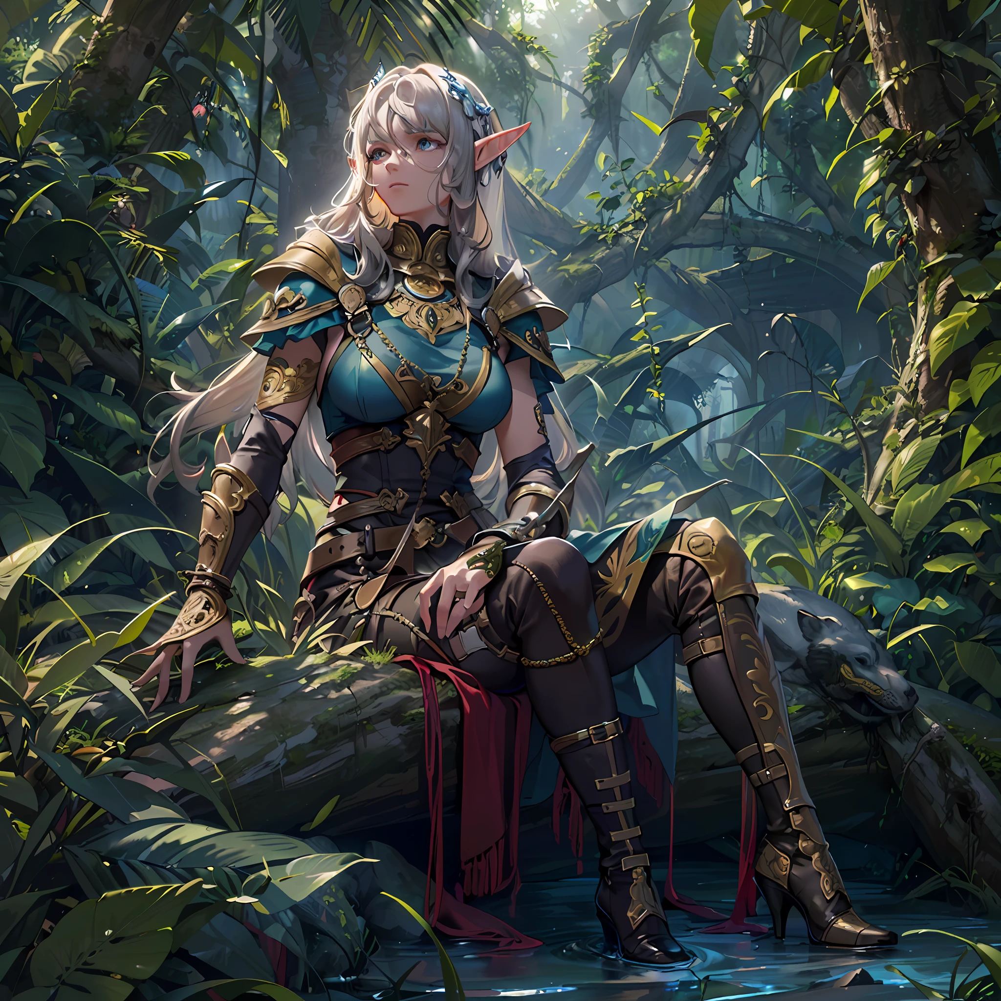 high details, best quality, 8k, [ultra detailed], masterpiece, best quality, (extremely detailed), dynamic angle, ultra wide shot, RAW, photorealistic, fantasy art, realistic art, a picture of a female elf druid  knelling (1.5 intricate details, Masterpiece, best quality) talking to a tiger (1.5 intricate details, Masterpiece, best quality) in a jungle (1.5 intricate details, Masterpiece, best quality),  a female elf wearing leather clothes (1.4 intricate details, Masterpiece, best quality), leather boots, thick hair, long hair, brown hair, intense blue eyes, vibrant jungle (intense details), many jungle trees (1.3 intricate details, Masterpiece, best quality), vines, a river flowing (1.4 intricate details, Masterpiece, best quality), sun light, dynamic light. dynamic angle, (1.4 intricate details, Masterpiece, best quality) 3D rendering, high details, best quality, highres, ultra wide angle