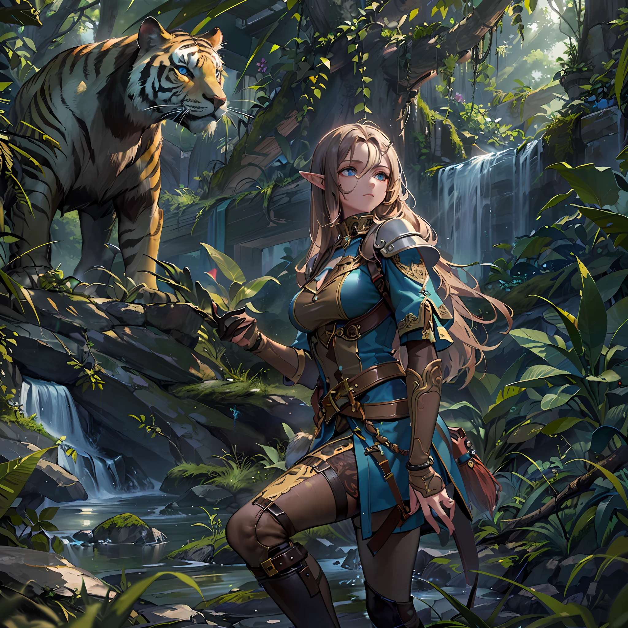 high details, best quality, 8k, [ultra detailed], masterpiece, best quality, (extremely detailed), dynamic angle, ultra wide shot, RAW, photorealistic, fantasy art, realistic art, a picture of a female elf druid  knelling (1.5 intricate details, Masterpiece, best quality) talking to a leopard (1.5 intricate details, Masterpiece, best quality) in a jungle (1.5 intricate details, Masterpiece, best quality),  a female elf wearing leather clothes (1.4 intricate details, Masterpiece, best quality), leather boots, thick hair, long hair, brown hair, intense blue eyes, vibrant jungle (intense details), many jungle trees (1.3 intricate details, Masterpiece, best quality), vines, a river flowing (1.4 intricate details, Masterpiece, best quality), sun light, dynamic light. dynamic angle, (1.4 intricate details, Masterpiece, best quality) 3D rendering, high details, best quality, highres, ultra wide angle