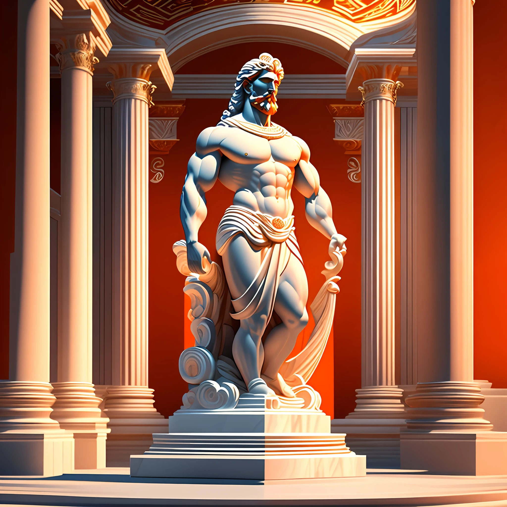 Design an alluring background with an orange light ambiance, showcasing a mesmerizing white marble sculpture of a wise and muscular figure inspired by Greek mythology. The sculpture should exude strength and intelligence, with its prominent biceps and dignified beard. To enhance the classical atmosphere, incorporate elegant marble Greek columns in the backdrop. The design should evoke a feeling of motivation and inspiration, inviting viewers into a captivating world of ancient wisdom and artistic splendor. realistic, 8k --auto