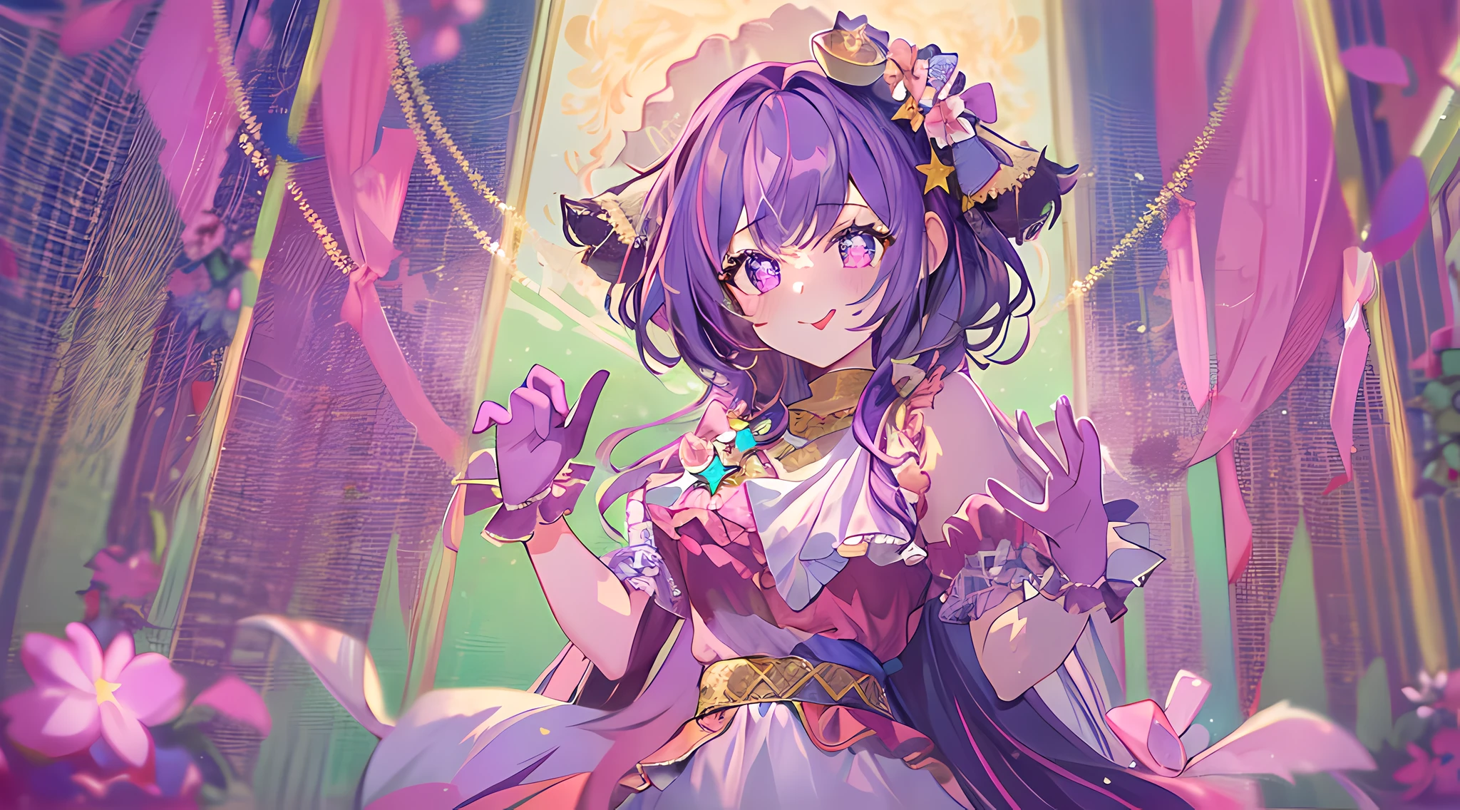 1girl, full body, cowboy shot,
(Rembrandt), illustration, (masterpiece), (best quality), (ultra_detailed), finely detail, (Depth of field),
HshinoAi,gloves, tongue out, tongue, long hair, star \(symbol\), looking at viewer, (purple hair:1.2), purple eyes, upper body, hair ornament, :p, frills, pink shirt, smile, sleeveless, shirt, idol, symbol-shaped pupils, hands up, bangs, one side up, star-shaped pupils, arms up,
dress pull,
Roaring Twenties, isometric, from above, sky, flower, cliff,