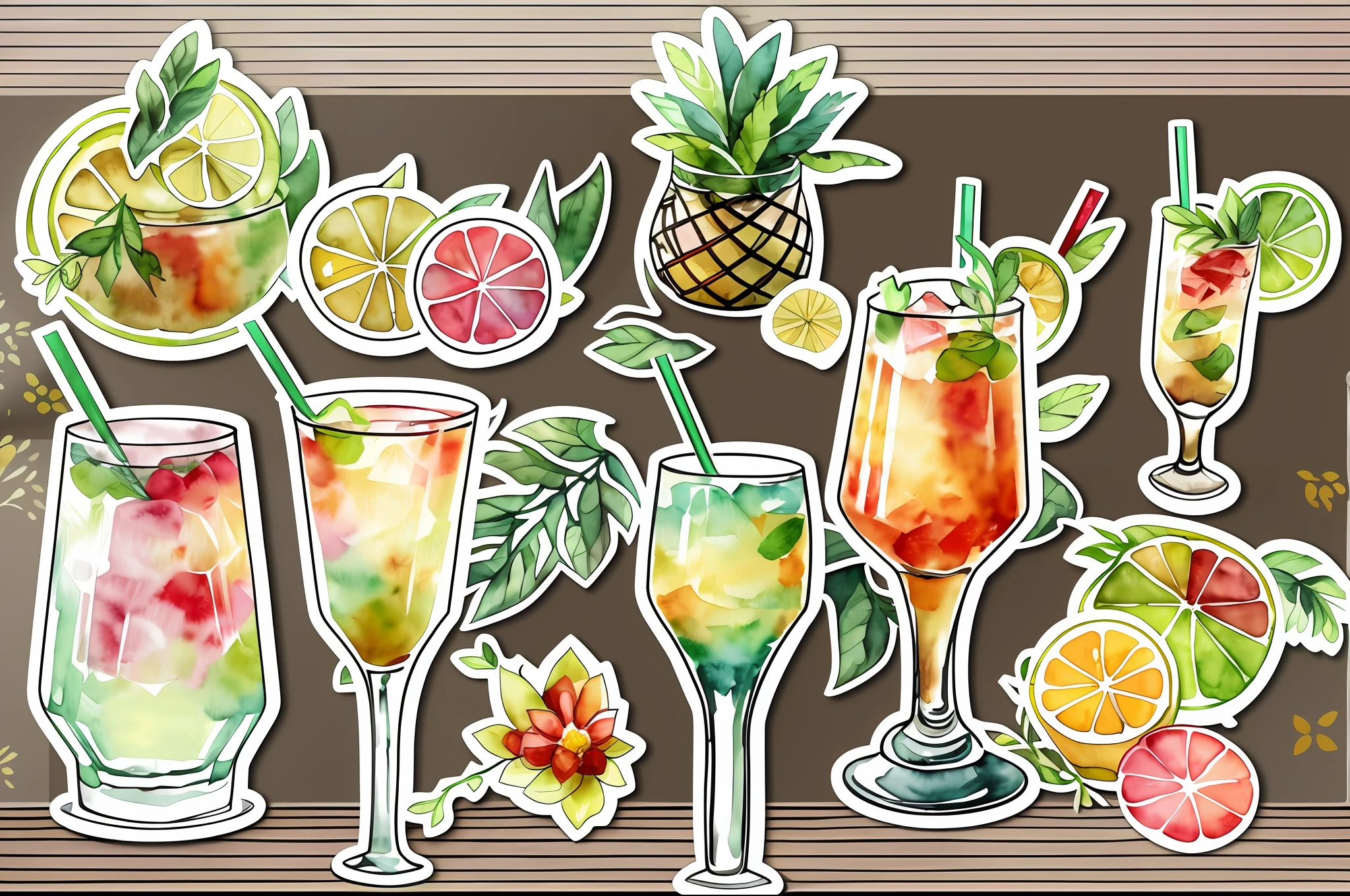 sticker sheet mocktails, Watercolor Clipart, white background, no background, isolated on white, variations, sticker sheet, planner stickers